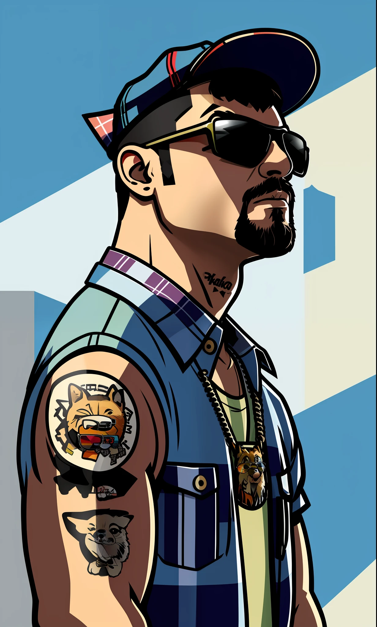 Wearing plaid shirt, Shiba Inu, dickey paint, sunglasses, tattoo, bright colors, hip-hop style, daytime scene, high contrast lighting, enhanced dynamic graphic style, cute, good impression