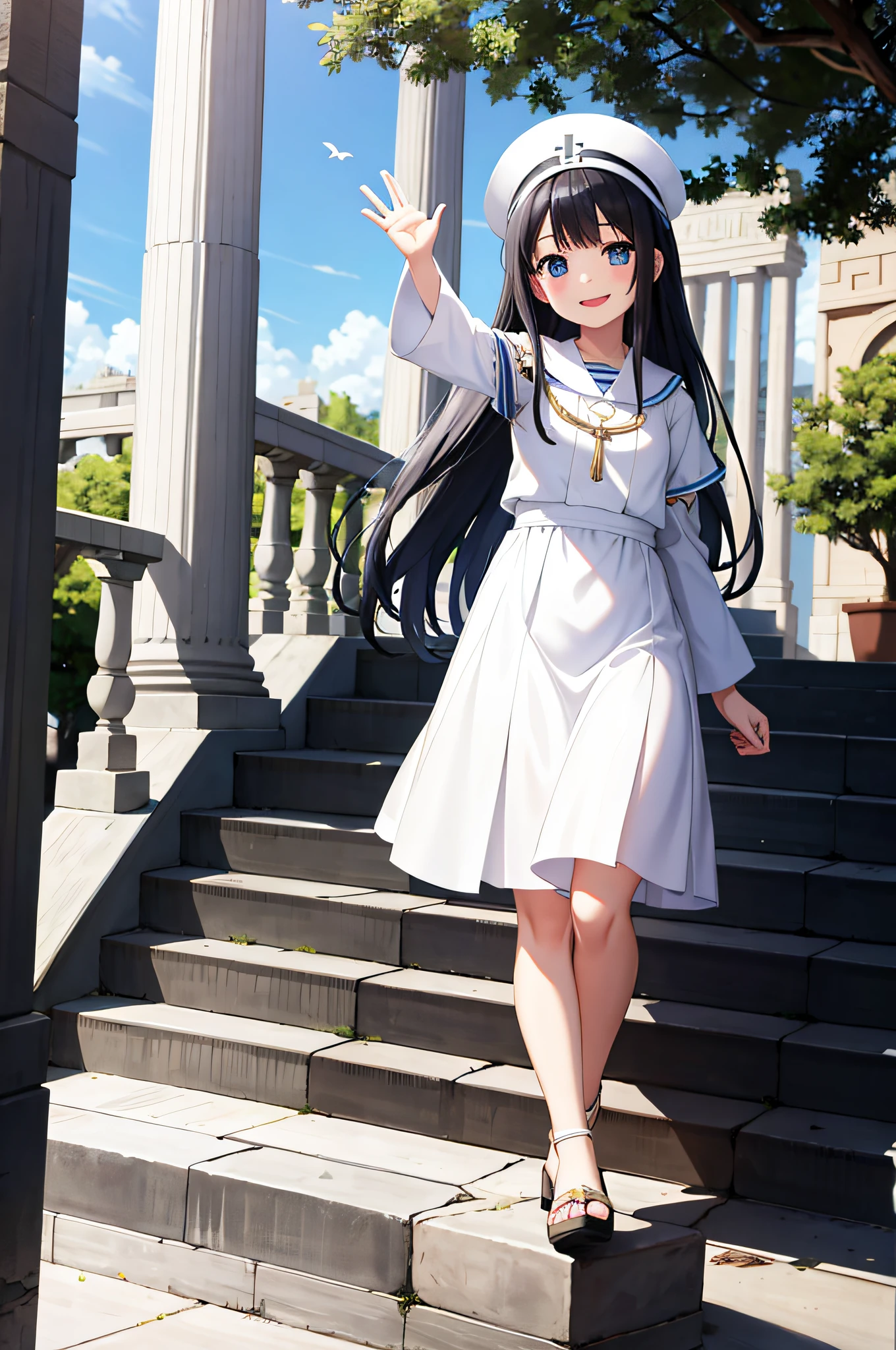 Absurd, 1 girl, ancient capital, railing, white dress, smile, waving,priestess,saint,black hair,high quality,semi-long.