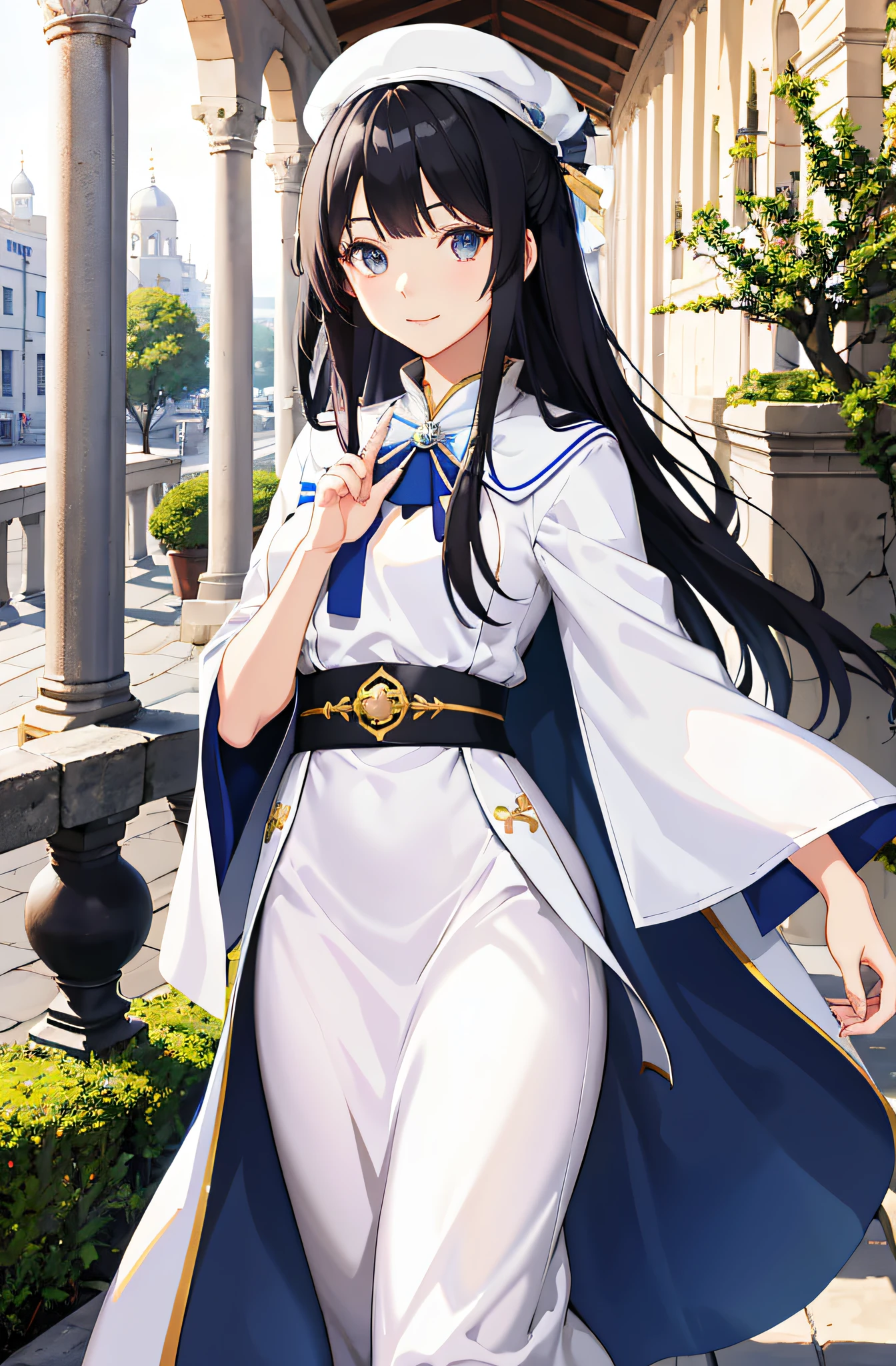 anime girl in white and blue dress walking down a sidewalk, hestia, marin kitagawa fanart, black - haired mage, high detailed official artwork, ((wearing aristocrat robe)), azur lane style, ayaka genshin impact, official art, from the azur lane videogame, characters from azur lane, royal elegant pose, anime visual of a cute girl