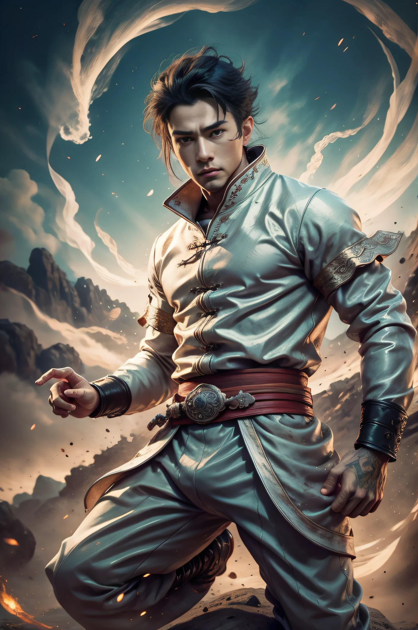 Handsome guy, 25 years old, Asian, master work, best picture quality, higher quality, high detail, super high resolution, (realistic: 1.4) 8k resolution, delicate facial features, boys, big muscles, tattoos, glowing eyes, short hair, white black hair, hair details, (full body: 0.6), detailed background , [[look away, look to the side, emphasize homosexuality and pay attention to every detail , open Hanfu transparent tulle jacket, white rubber pants, (crotch bulge), , Fa gong, earth walking, Chinese kung fu, Fingerless gloves, wristbands, dragon-themed costumes, monk robes, spinning floating particles, dynamic composition, desert background, flying sand, earth escape, very much dirt, flying sand around the body
