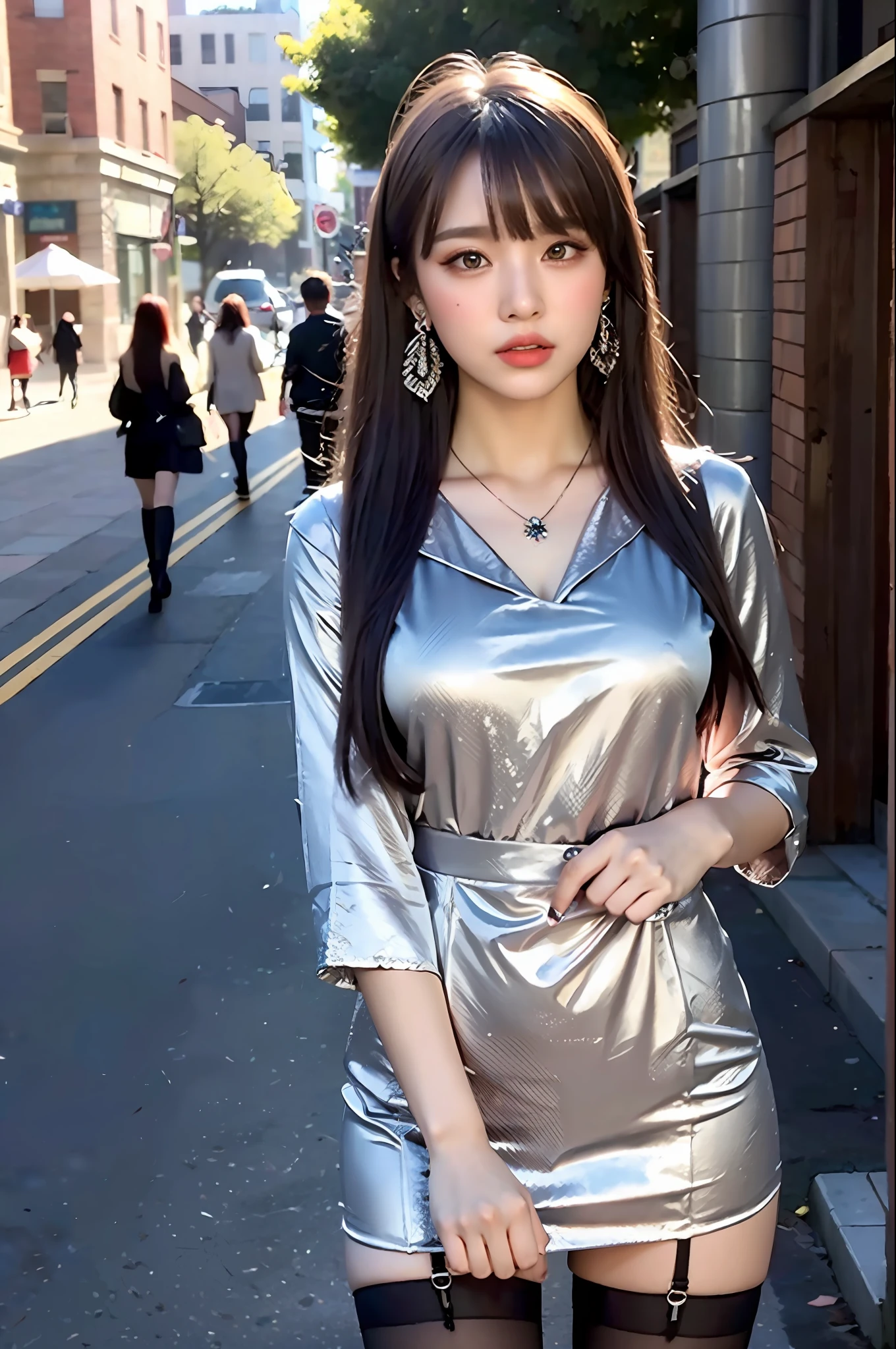 (8k, best quality, masterpiece, super high resolution: 1.2), 1girl in shirt and stockings, legs to one side, sideways, beautiful 22 year old named Ji-soo, cute blush embarrassing, perfect breasts, hard, gray hair, smooth straight hair, blunt bangs, glitter eyeliner, satin lipstick, huggie earrings, princess necklace, on city streets, dawn, intricate face, intricate eyes, masterpiece, best quality, official art, extremely detailed CG Unified 8k wallpaper,ultra high resolution, professional photography, sharp focus, HDR, 8K resolution, complex detail, complex detail, depth of field, analog RAW DSLR, realistic,