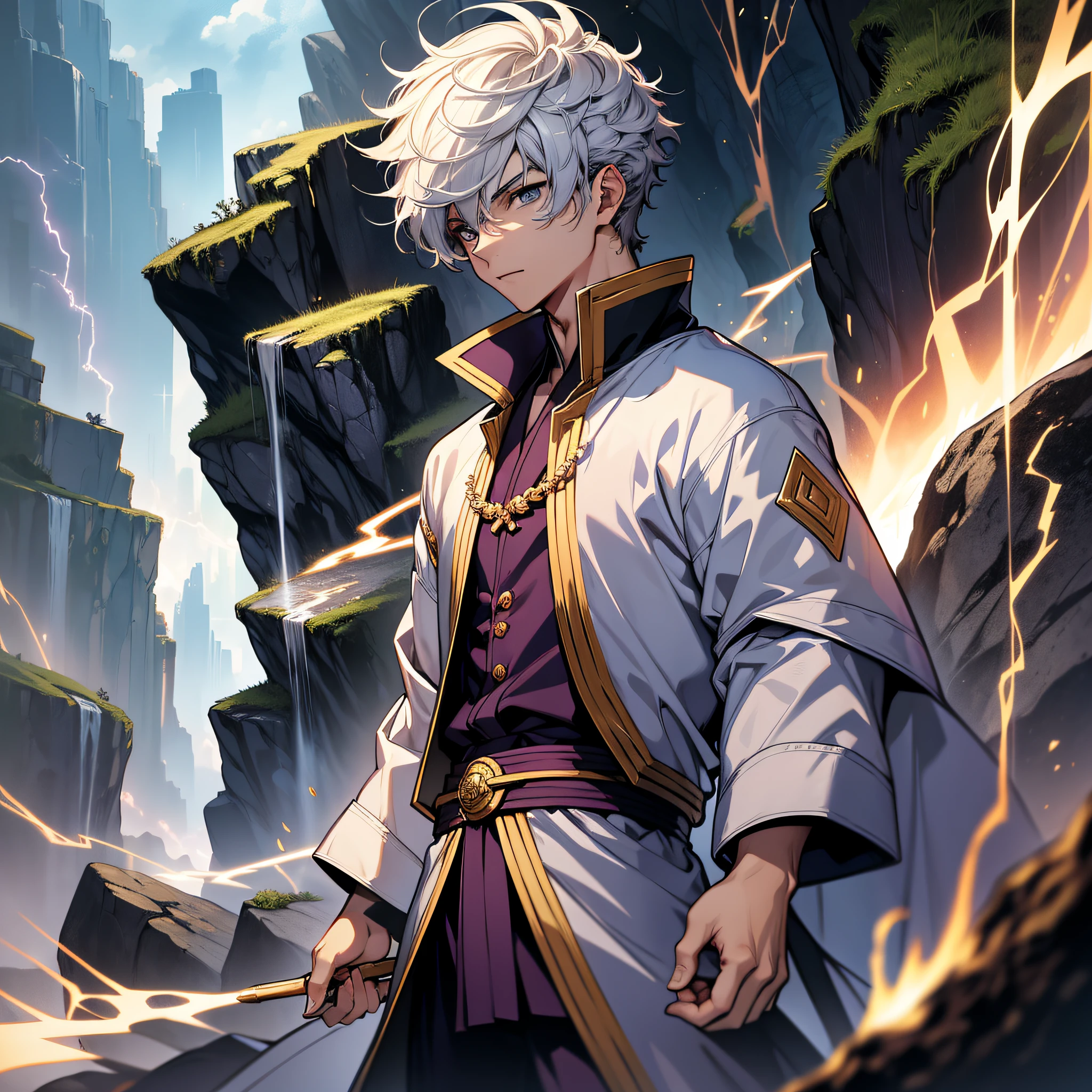 Ultra HD, super detail, high detail, best quality, high quality, a boy with short white hair, wearing a Chinese purple-gold robe, blue eyes, lightning mage, standing on a cliff,