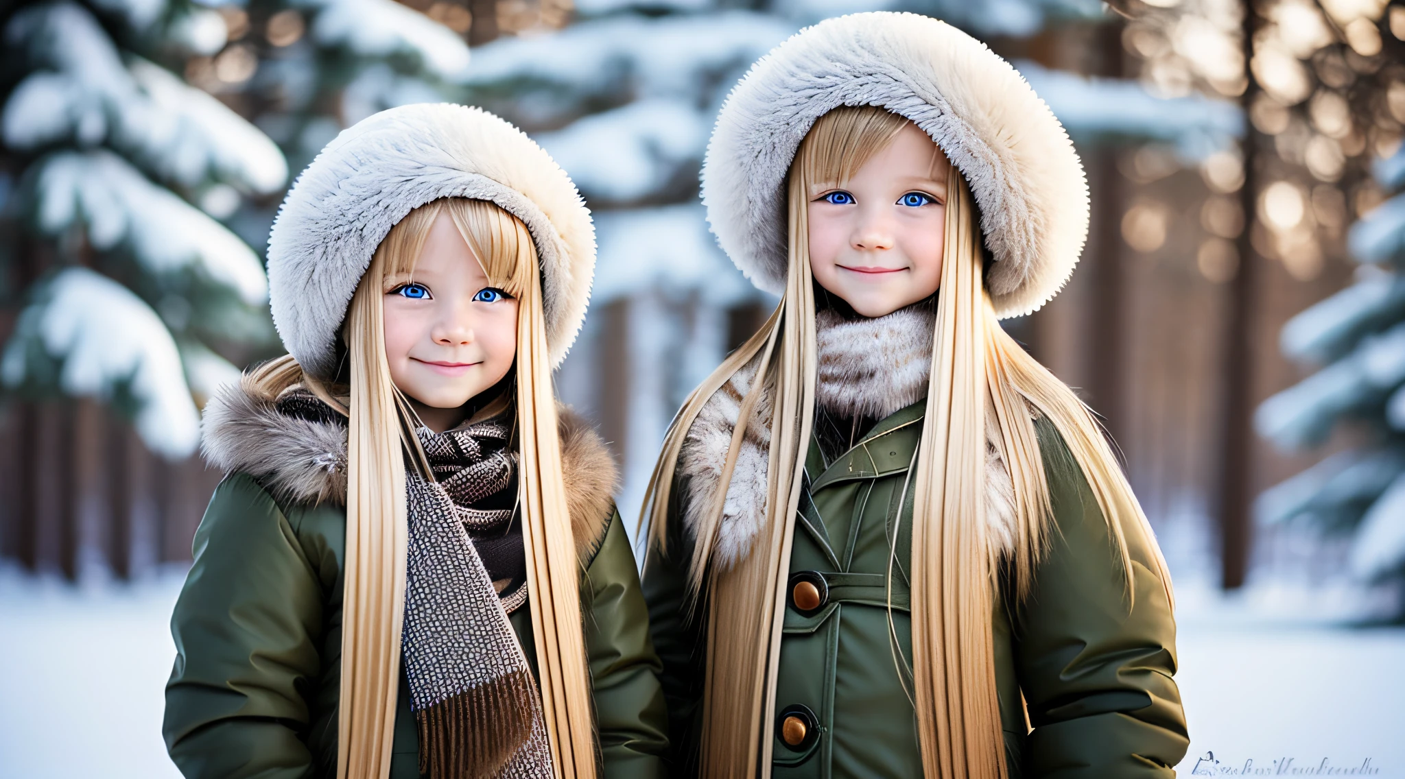 GIRLS CHILDREN, BLONDES WITH VERY LONG STRAIGHT HAIR, RUSSIAN STYLE WINTER UCHANKA.