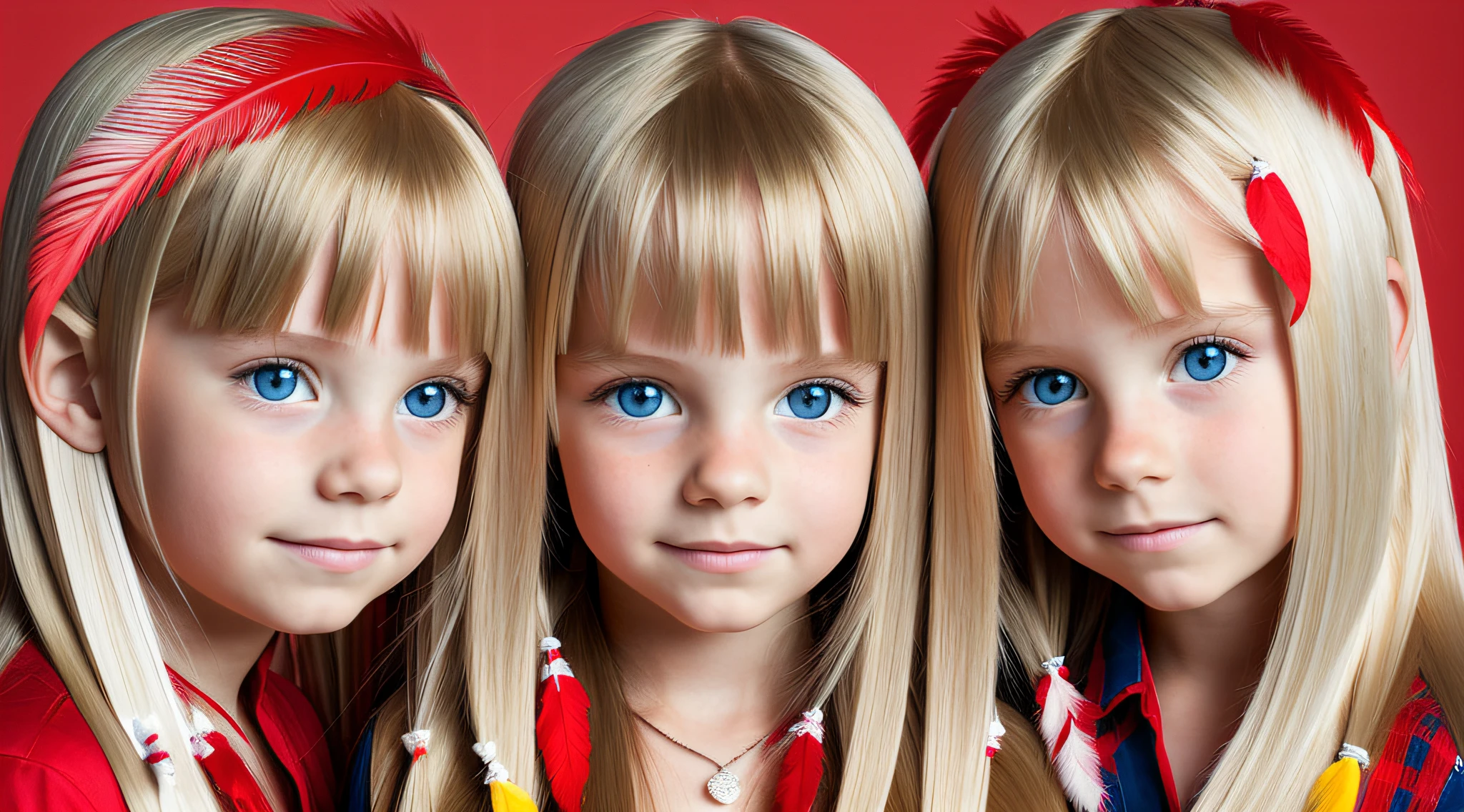 GIRLS CHILDREN , BLONDES WITH VERY LONG STRAIGHT HAIR, WITH RED FEATHERS, WHITE BACKGROUND.