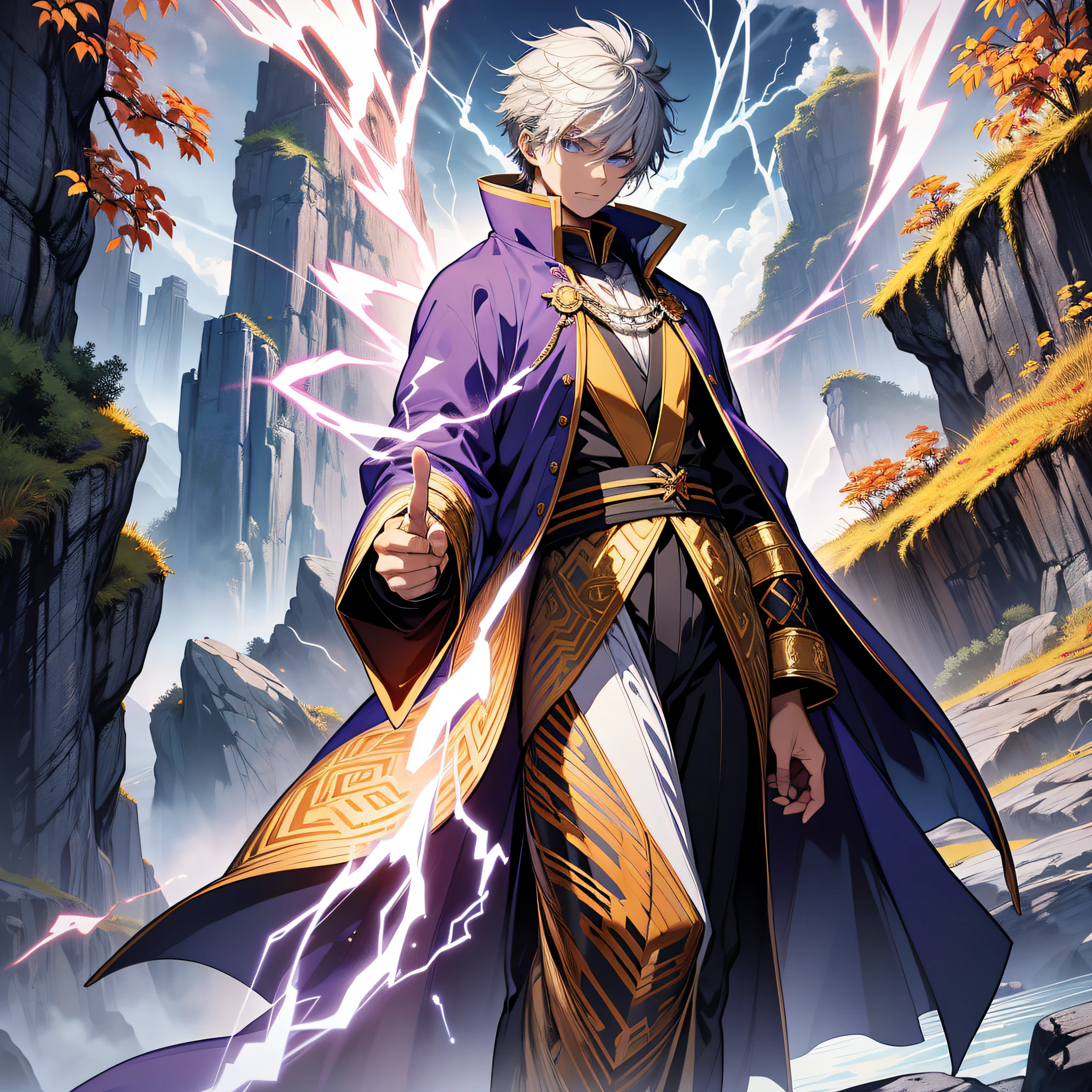 Ultra HD, super detail, high detail, best quality, high quality, a boy with short white hair, wearing a Chinese purple-gold robe, blue eyes, lightning mage, standing on a cliff,