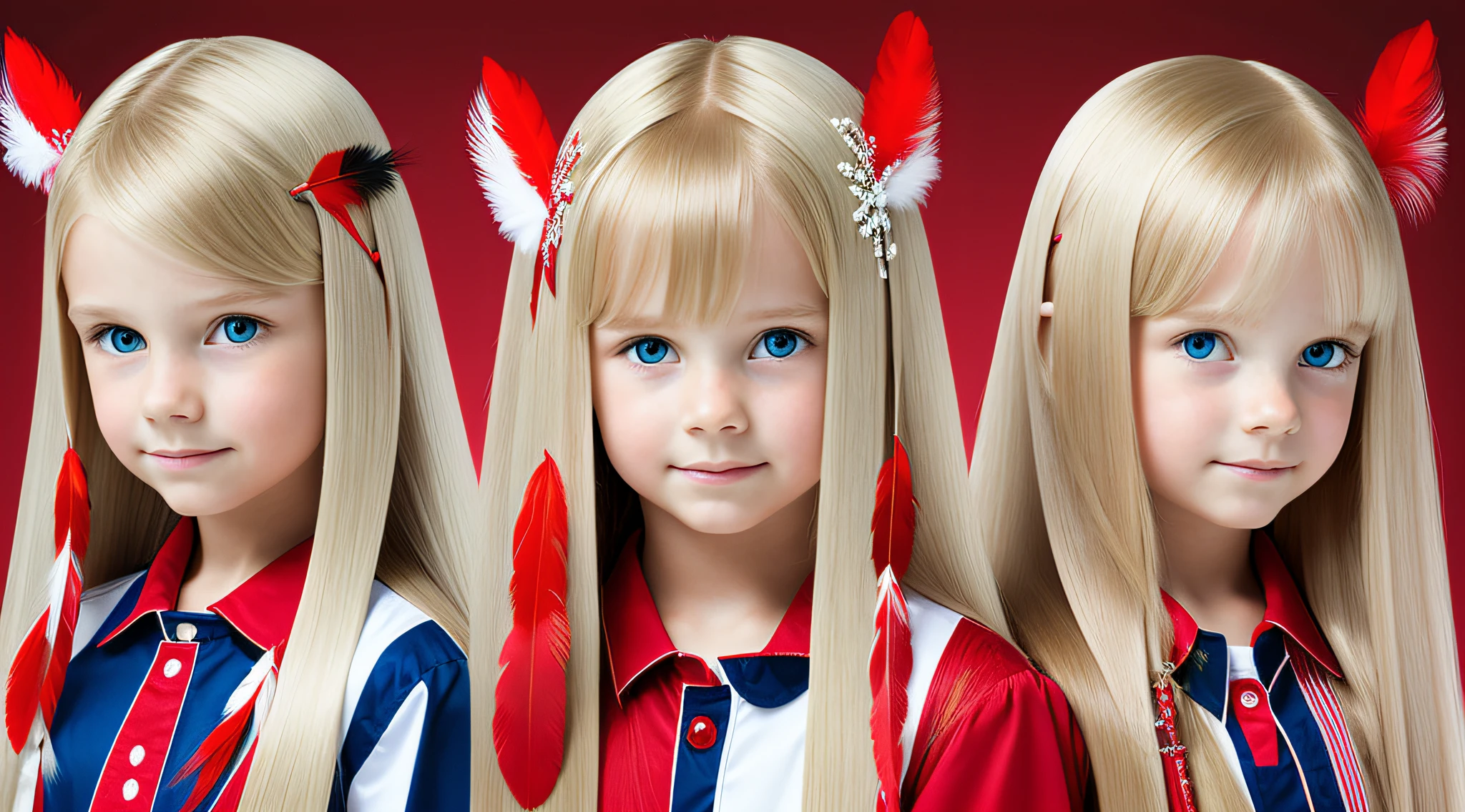 GIRLS CHILDREN , BLONDES WITH VERY LONG STRAIGHT HAIR, WITH RED FEATHERS, WHITE BACKGROUND.