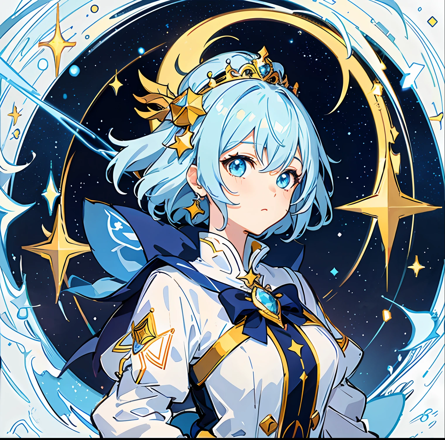 Close up of mage logo person cute lively style, best anime 4k konahan wallpaper, cute princess art style, from the stars and night, white and yellow main color scheme, girl from the starry sky