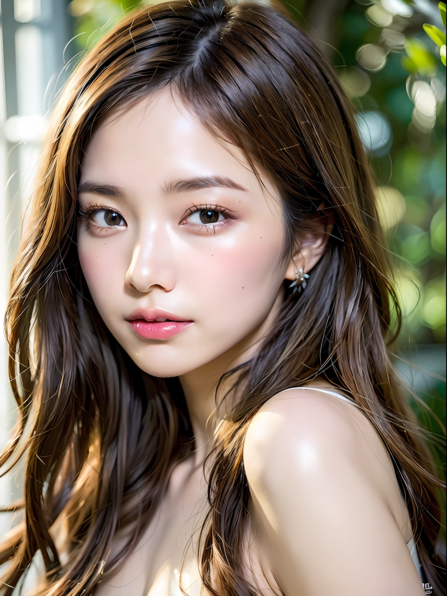 depth of field, lifelike, realistic, super detailed, beautiful, slender, cute, 30s, beautiful features, actress, mature, upper body, bright brown hair, thin hair, small face, live-action, highest quality, very elaborate CG Unity 8K wallpaper, ultra high resolution, natural fashion, lighting, medium hair, (puffy eyes), model figure, light on hair, turn around pose, Ash brown hair, model pose, studio shoot, white background, delicate skin type, light wavy hair close to straight hair, hands around the mouth, adult clothes, hair model shoot, hair fluttering in the wind, transparent hair, fine hair fineness, soft hair, fine skin, bright photo, less hair, angle of pull, professional lighting, realistic light, realistic shadow, natural light, soft light, beige hair, Hair length and color should be short hair, honey blonde color, eye color is emerald green, skin color is natural beige tone skin tone, natural and light styling and makeup, hair should be wavy to express light movement, makeup should emphasize bright lip and eye-catching mascara, wear a simple and sophisticated style dressBright images that look like they were taken under natural sunlight