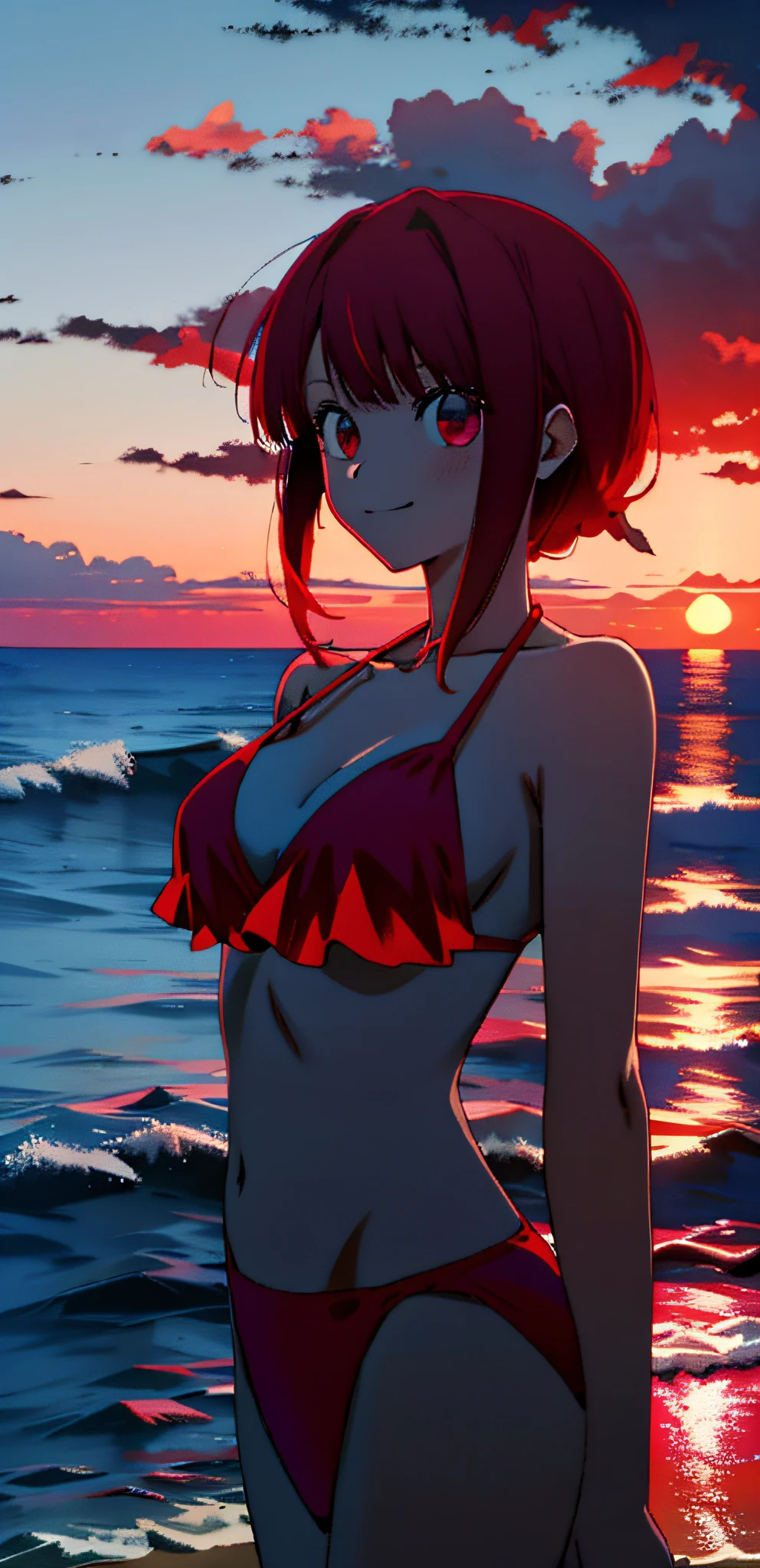 dark studio, rim lighting, two tone lighting, dimly lit, low key,masterpiece, best quality,4k,ultra-detailed,
dusk, sunset, against backlight at dusk, golden hour lighting, strong rim light, intense shadows, beautiful detailed sky, ocean ,in the ocean,beautiful blue sunset at beach,beautiful detailed water,
(PureErosFace:0.5), 1girl, red hair, red eyes, light smile,
Red flowery bikini