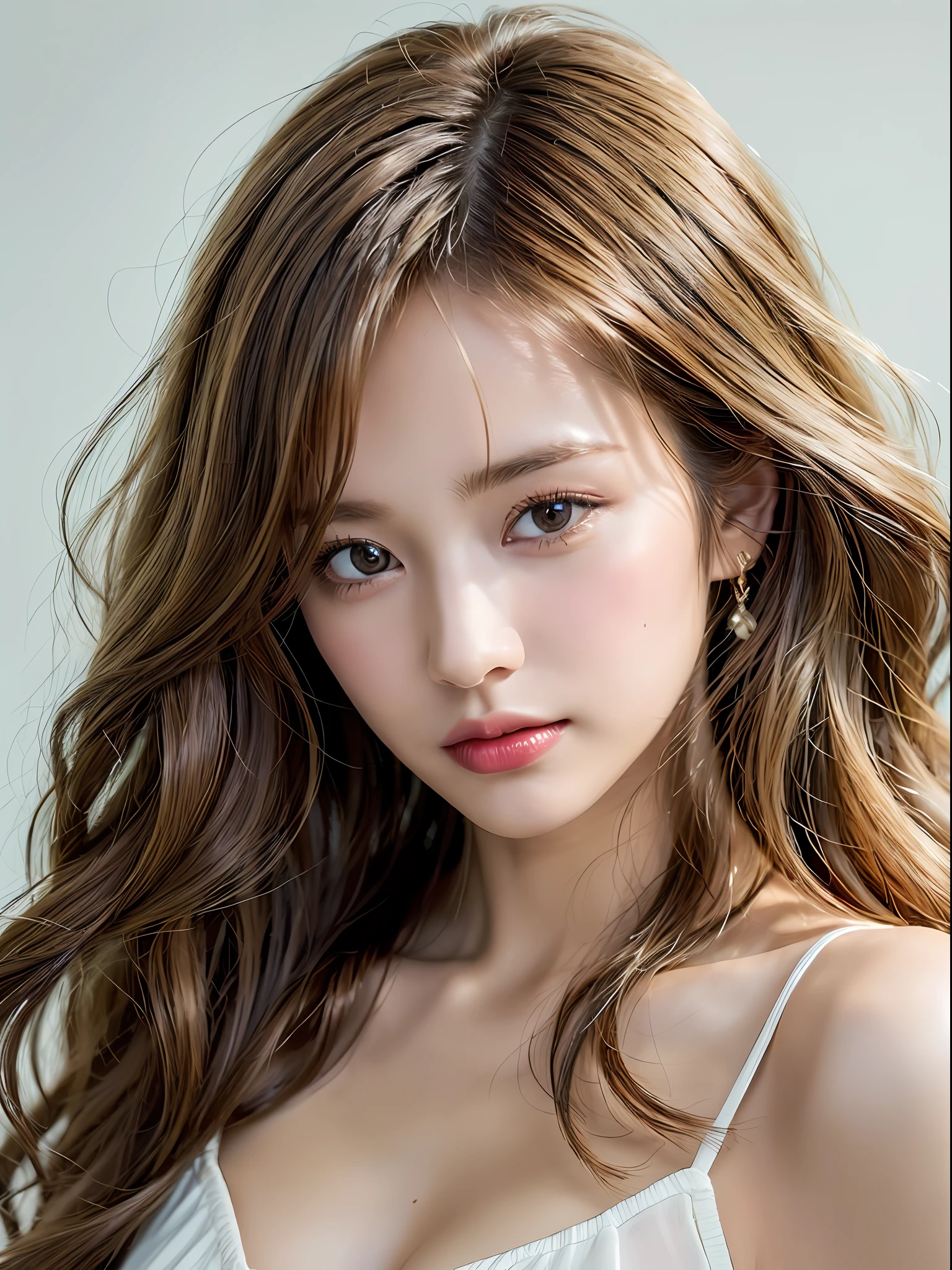 depth of field, lifelike, realistic, super detailed, beautiful, slender, cute, 30s, beautiful features, actress, mature, upper body, bright brown hair, thin hair, small face, live-action, highest quality, very elaborate CG Unity 8K wallpaper, ultra high resolution, natural fashion, lighting, medium hair, (puffy eyes), model figure, light on hair, turn around pose, Ash brown hair, model pose, studio shoot, white background, delicate skin type, light wavy hair close to straight hair, hands around the mouth, adult clothes, hair model shoot, hair fluttering in the wind, transparent hair, fine hair fineness, soft hair, fine skin, bright photo, less hair, angle of pull, professional lighting, realistic light, realistic shadow, natural light, soft light, beige hair, Hair length and color should be short hair, honey blonde color, eye color is emerald green, skin color is natural beige tone skin tone, natural and light styling and makeup, hair should be wavy to express light movement, makeup should emphasize bright lip and eye-catching mascara, wear a simple and sophisticated style dressBright images that look like they were taken under natural sunlight
