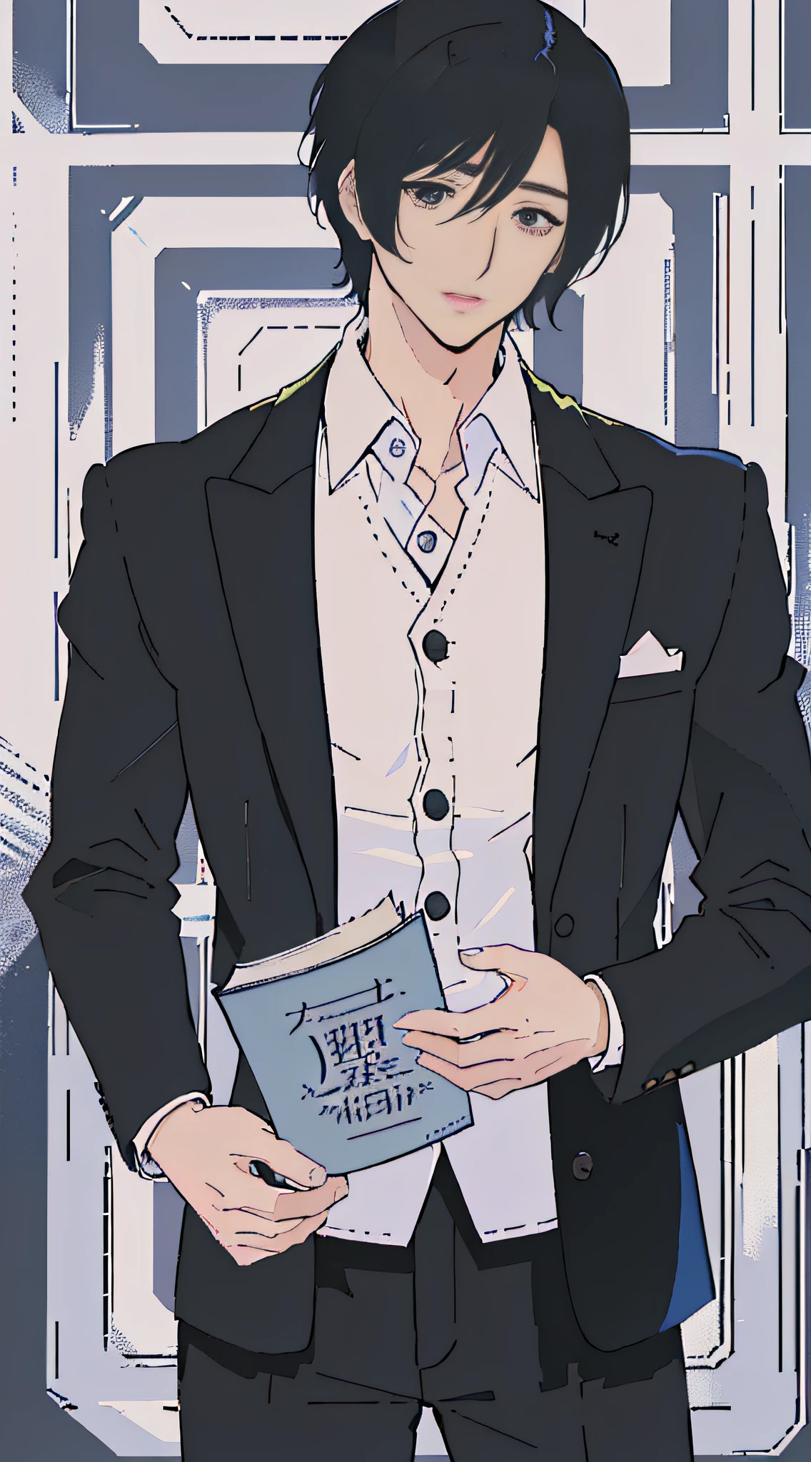 Alphad image of a man holding a book in a suit, inch head (short hair), anime handsome man, Yoshiaki Hongu manga art style, Yoshiaki Hongu manga style, wearing a black T-shirt, wearing loose suit pants, handsome anime pose, Yoshiaki Hongu's manga style, Kosuke Ohno, official art, handsome