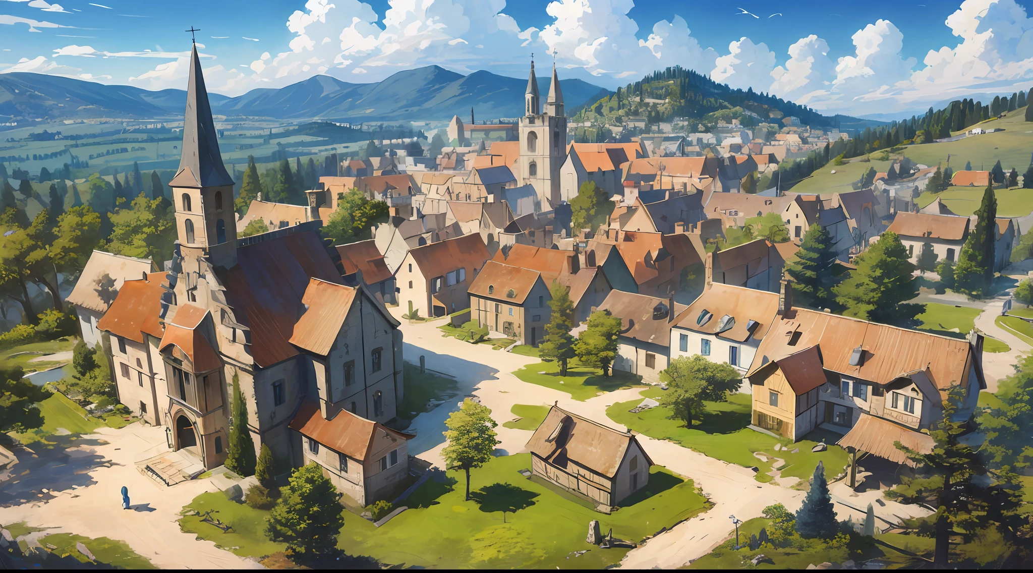 ((masterpiece)),((best quality)),((high detail)),((realistic,)) ((ultra detailed)) landscape of a small medieval town, cartoonist illustration, aeria view, beautiful sky, deformed clouds, 1.3:pine trees, towers.