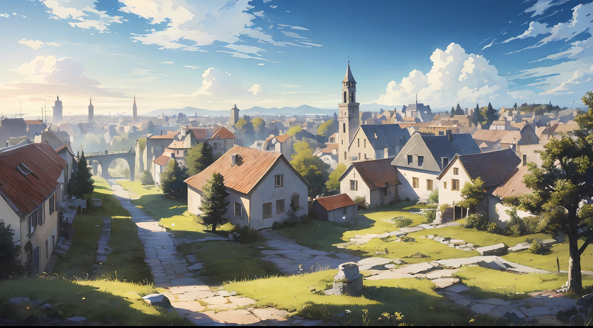 ((masterpiece)),((best quality)),((high detail)),((realistic,)) ((ultra detailed)) landscape of a small medieval town, cartoonist illustration, aeria view, beautiful sky, deformed clouds, 1.3:pine trees, towers.