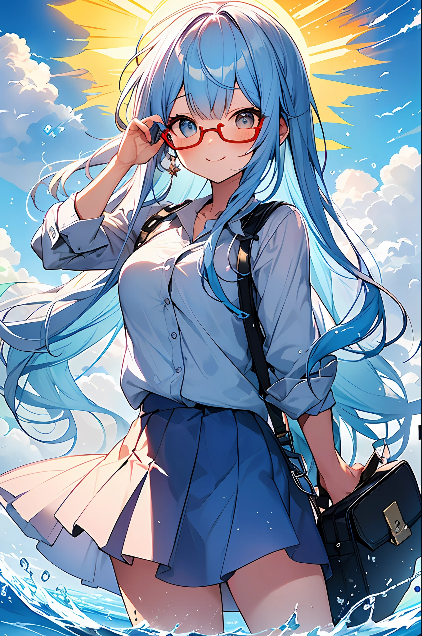 (Masterpiece, Best Quality, Best Quality, Watercolor (Medium), Official Art, Beautiful and Aesthetic: 1.2), (1 Girl: 1.3), (Fractal Art: 1.3), Full Body, Star-shaped Pupil, Viewer's Look, Pattern, (Blue Hair, Light Blue Hair, Half Blue and Half Light Blue Hair: 1.2), Water, Liquid, Cloud, Colorful, Sun, Sunlight, Cheeks Red, Smile, Glasses, Heterochromia, (Colorful: 1.5), Wet, School Uniform, Student Bag