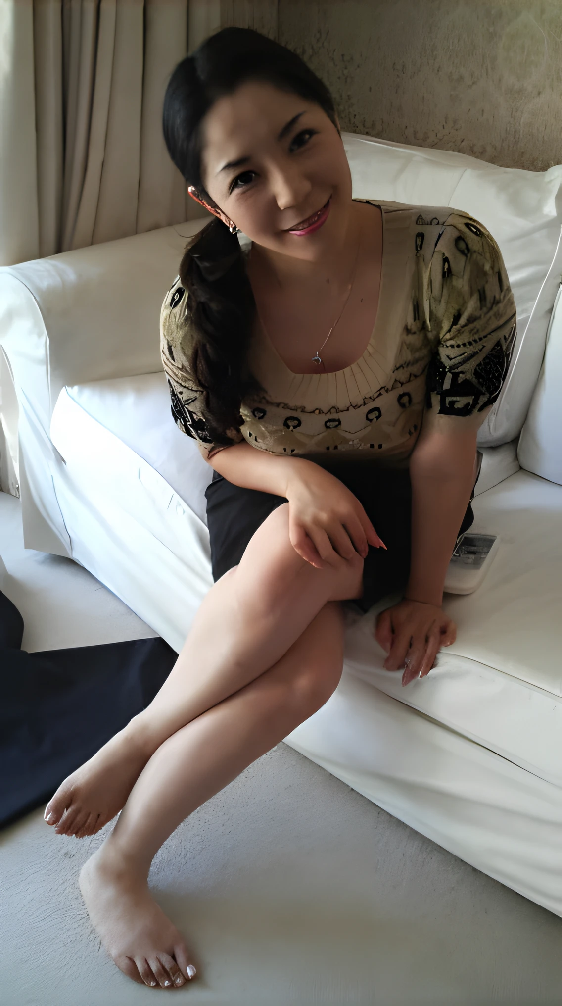 there is a woman sitting on a couch with her legs crossed, sitting on the sofa, sitting in bedroom, crossed legs, asian female, sitting on a sofa, korean woman, asian, sitting in a lounge, elegant legs, korean girl, sitting on the bed, sitting on couch, sitting on the floor, beautiful south korean woman, beautiful asian woman sitting