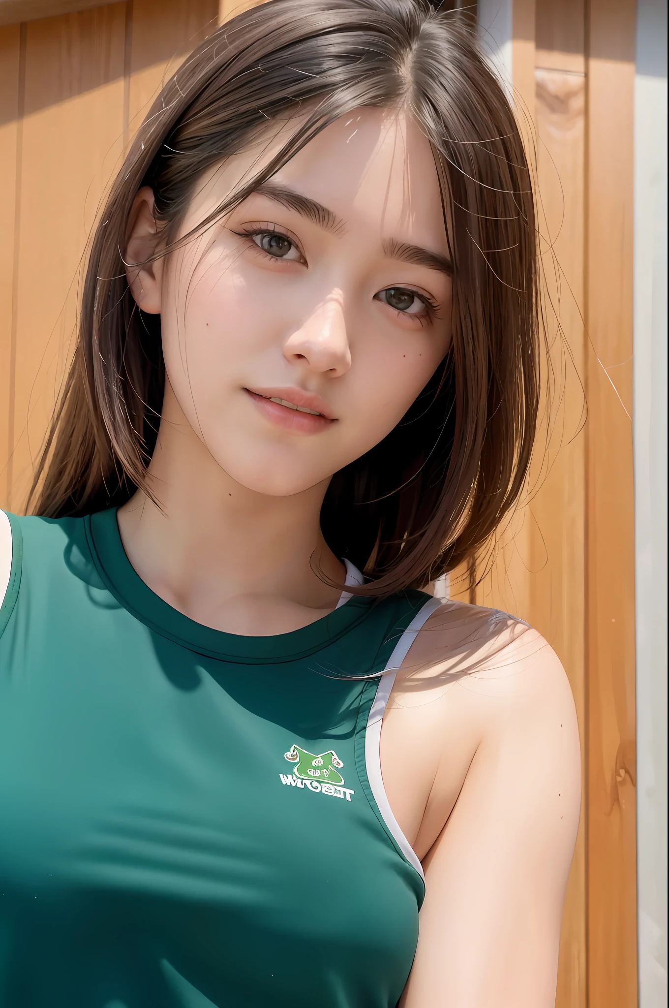 (8K, Top Quality, Masterpiece: 1.2), (Realistic, Photorealistic: 1.37), Super Detail, 1 Girl, 20 years old, Big, Beauty, Cute, Smile, Solo, Athletics, Uniform, Track & Field, Daytime, (Nose Redness), (Smile: 1.15), (Mouth Closed), Beautiful Eyes, (Long Hair: 1.2), Floating Hair Novafrog Style, Upper body