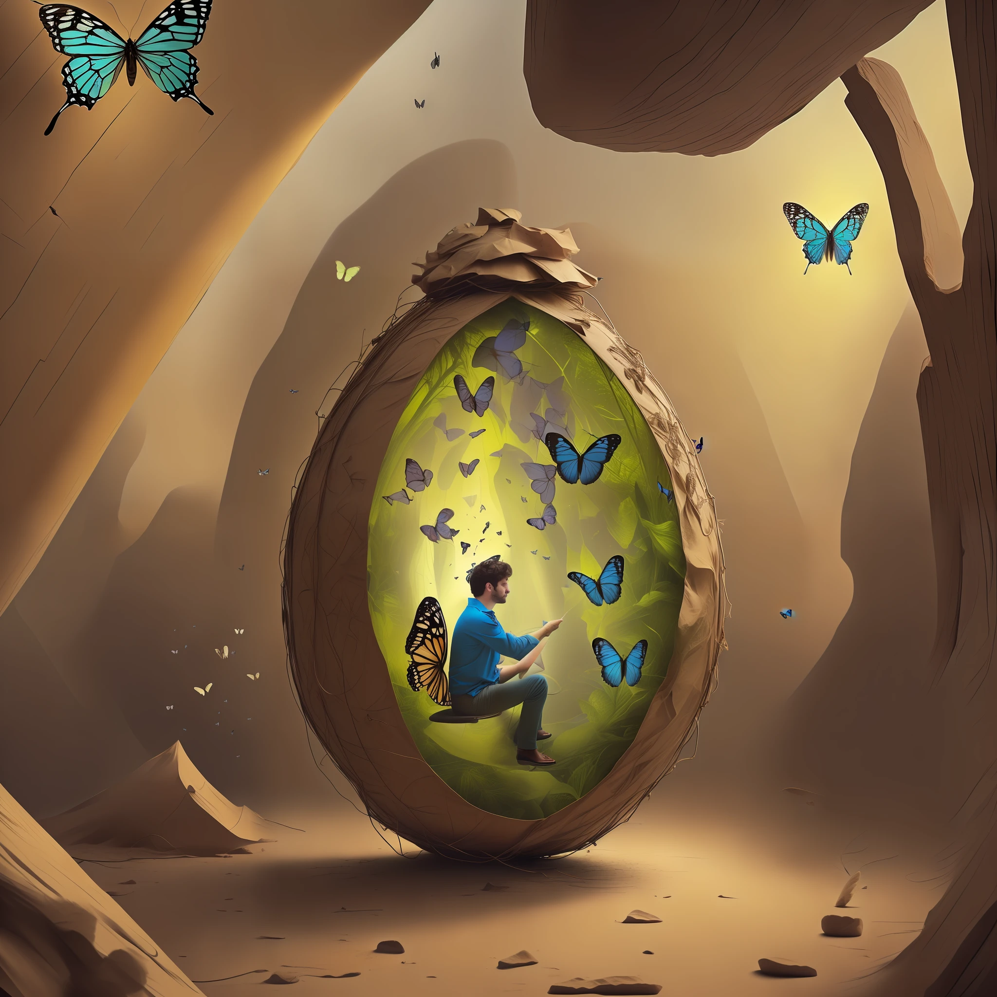 There was a man sitting in a huge cocoon room, watching butterflies break out of the cocoon and fly around. Flying out of the cocoon, looking for this glimmer of life, the man is thinking hard.
