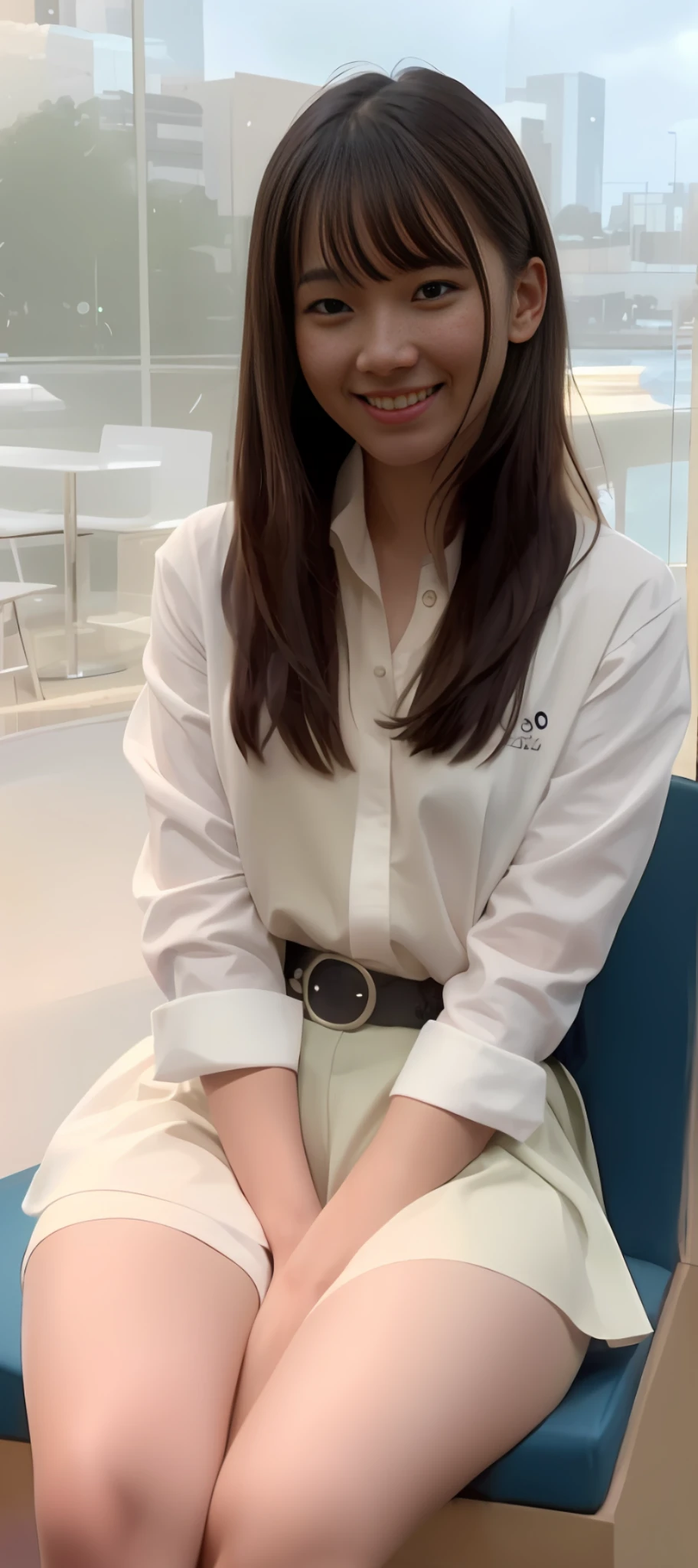 (skin blemish:1.2), (skindentation), black eye, 1woman, 18yo, (((woman))), solo, realistic, best quality, photorealistic, masterpiece, 8k, high res, solo, extremely detailed face, (professional lighting, bokeh), (light particles, lens flare, glowing particles:0.6), (dynamic pose:1.2), soft lighting, top angle view, fashionable and trendy atmosphere, restaurant, harbour, ((evening time)), sky, ((looking at the viewer:1)), (looking at the camera),(portrait:0.6), sitting and drinking a cocktail, gorgeous, keep original facial proportion, full body, (small breast), (long hair), black hair, floating hair, lips, lipstick, seductive smile, floating hair, smile, open_mouth, teeth, (white shirts), (navy skirt), eyelashes, mole, (mole under eye:1),