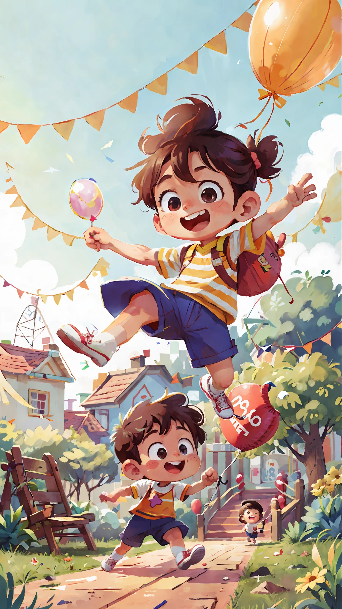 Poster making, Children's Day, in the amusement park, a little boy holding a balloon, happy, jumping, happy --v 6
