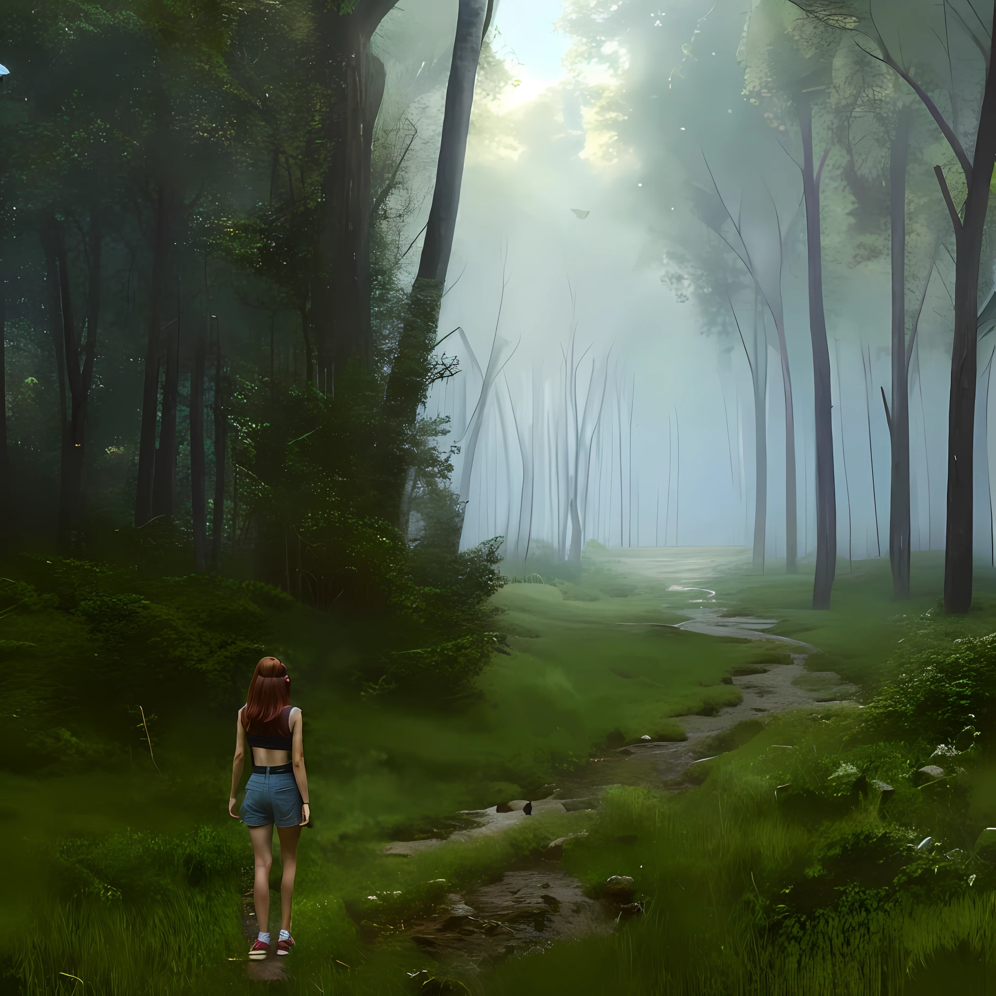 A solo girl on her back, (a detailed full-body RAW photo of a girl), (masterpiece: 1.0), (best quality: 1.4), (ultra highres: 1.2), (photorealistic: 1.4), 8k resolution, absurd, ultra detailed, (25 years), GIRL ON HER BACK ENTERING A DARK FOREST WITH SEVERAL TREES AND AT THE BOTTOM OF THE FOREST A LIGHT. sharp focus, cinematic lighting, detailed skin texture, (lean and fit body: 1.3), long detailed dark red hair.