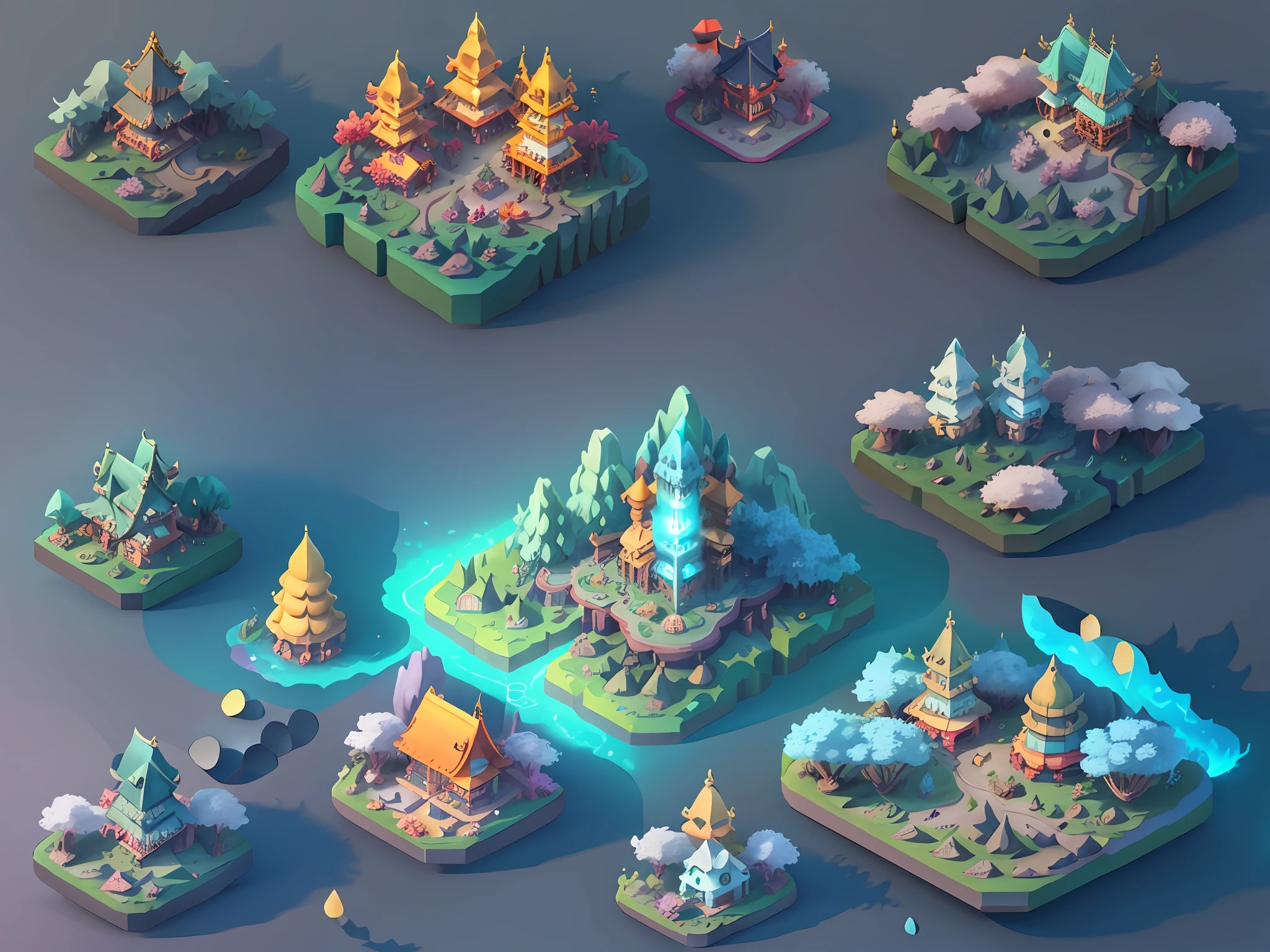 top down flat view, fantasy world 3d map rendered by Cinema4D, isolated on gradient background, Game architecture design, cartoon, Indonesia architecture, some small houses, farms, barracks, warehouses, flower houses, 3d, blender, masterpiece, super detail, best quality, --v6