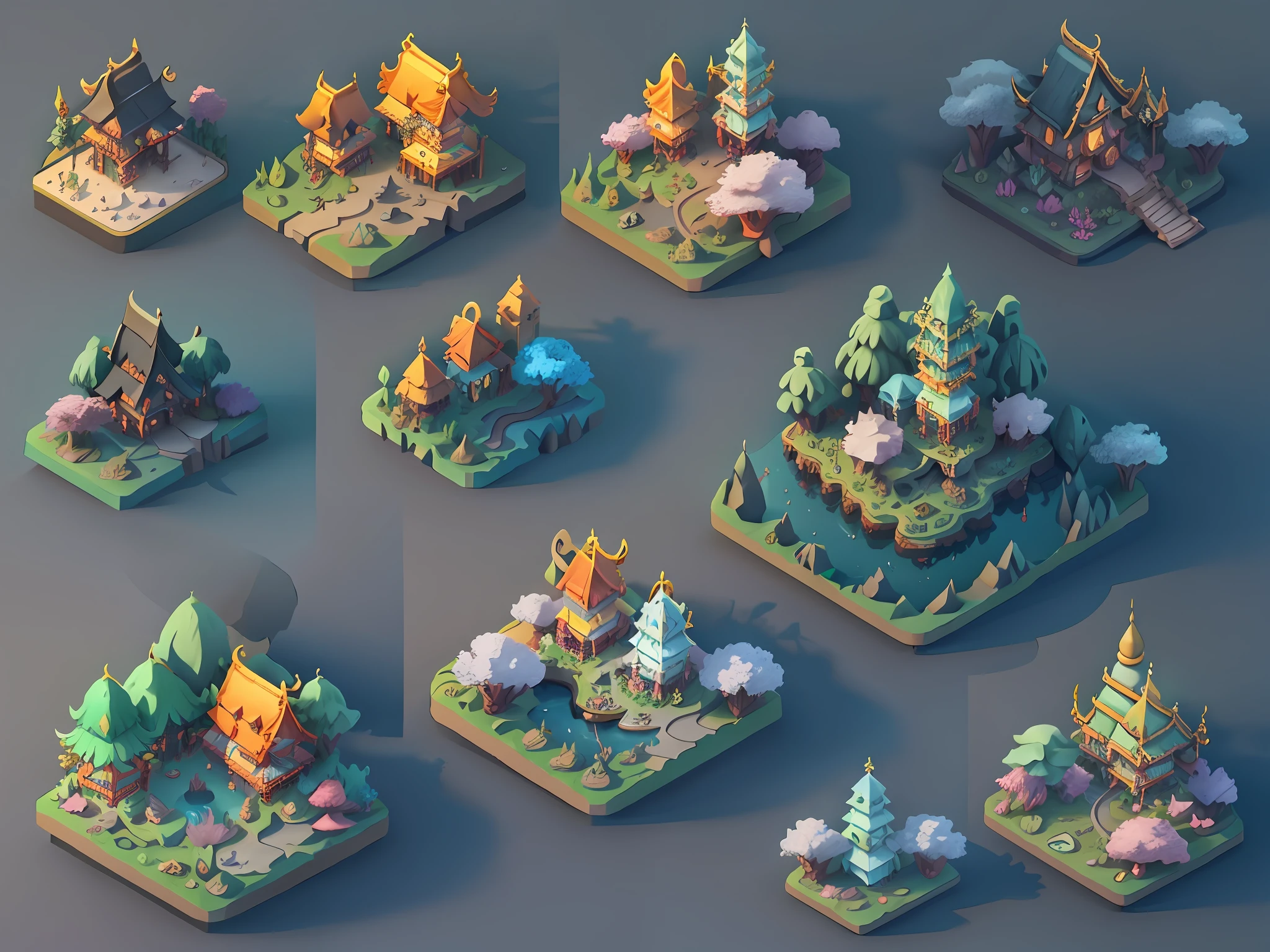 top down flat view, fantasy world 3d map rendered by Cinema4D, isolated on gradient background, Game architecture design, cartoon, Indonesia architecture, some small houses, farms, barracks, warehouses, flower houses, 3d, blender, masterpiece, super detail, best quality, --v6