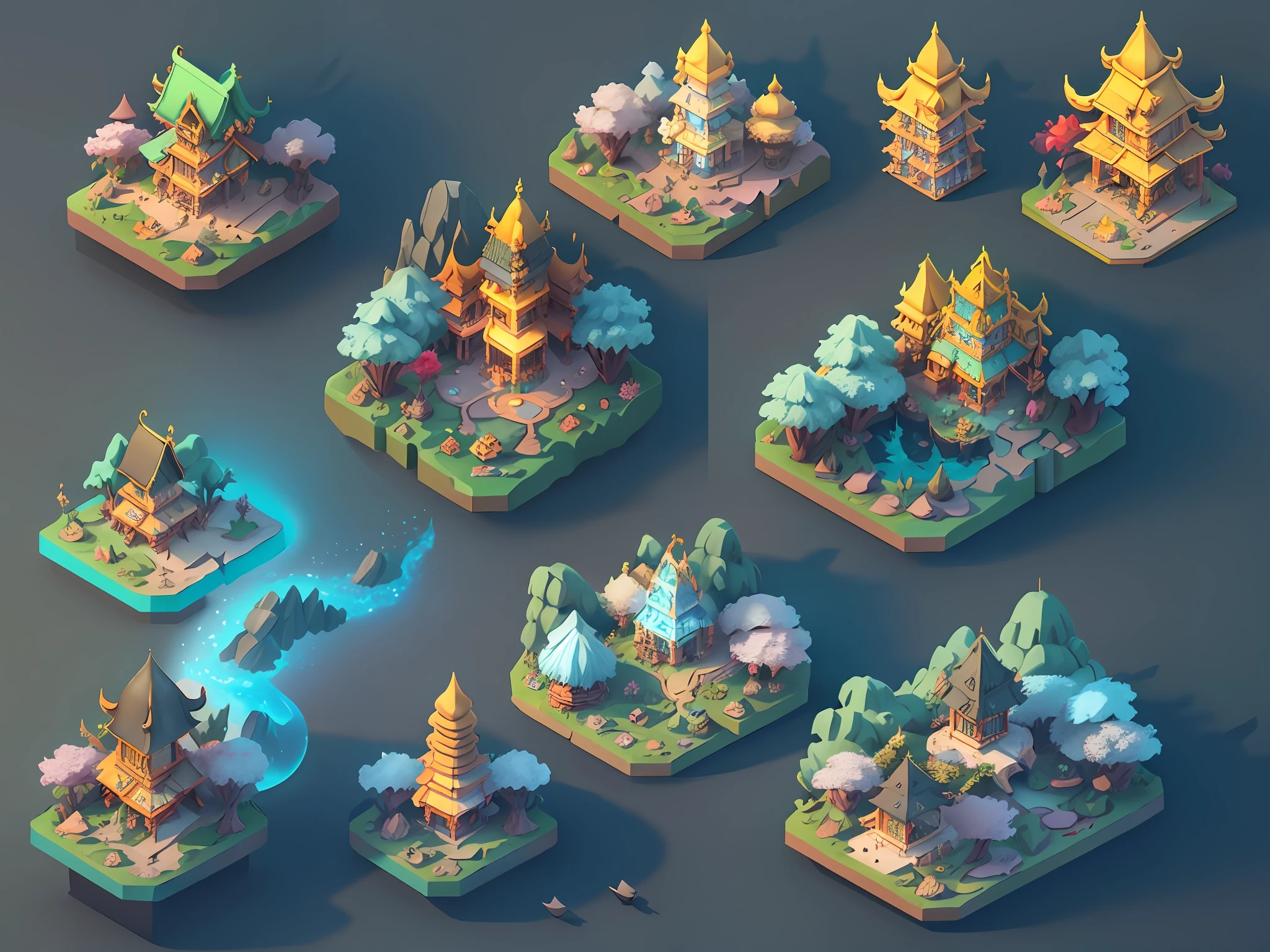 top down flat view, fantasy world 3d map rendered by Cinema4D, isolated on gradient background, Game architecture design, cartoon, Indonesia architecture, some small houses, farms, barracks, warehouses, flower houses, 3d, blender, masterpiece, super detail, best quality, --v6