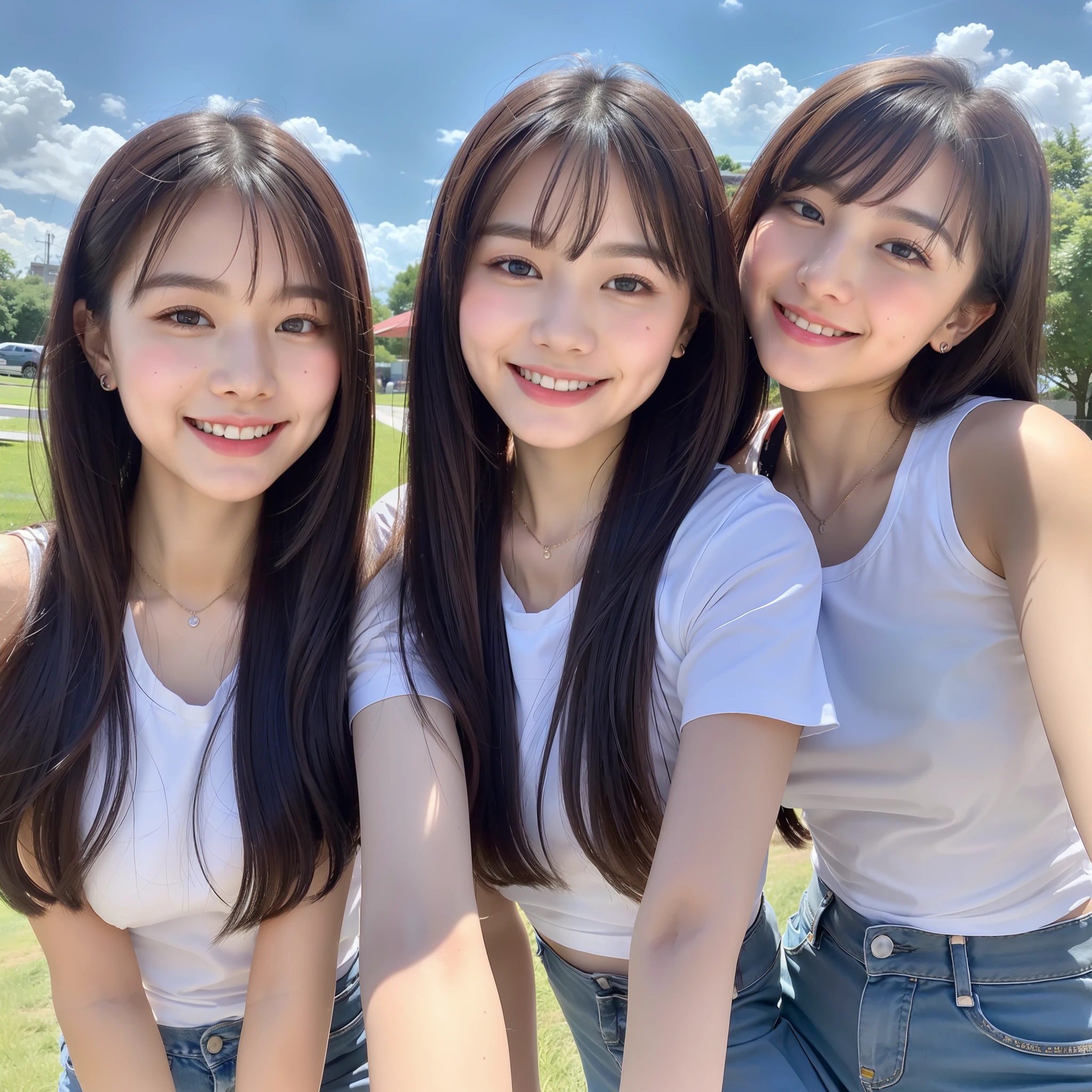 Identical twin sisters, , bangs, good friends, smile, summer sky