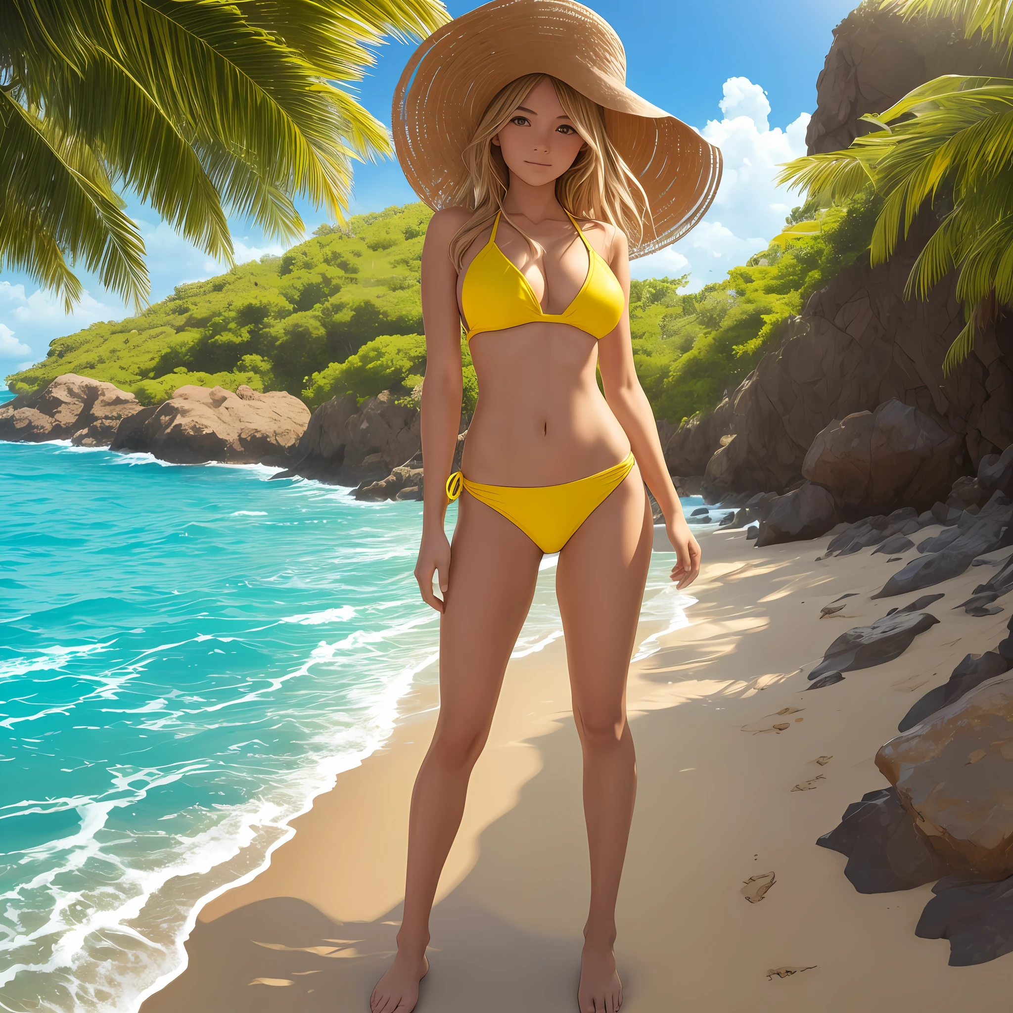 Full body photo, standing swimsuit 18 year old girl, light yellow bikini, beach, sun, kick, delicate facial features, cute, beautiful --auto --s2
