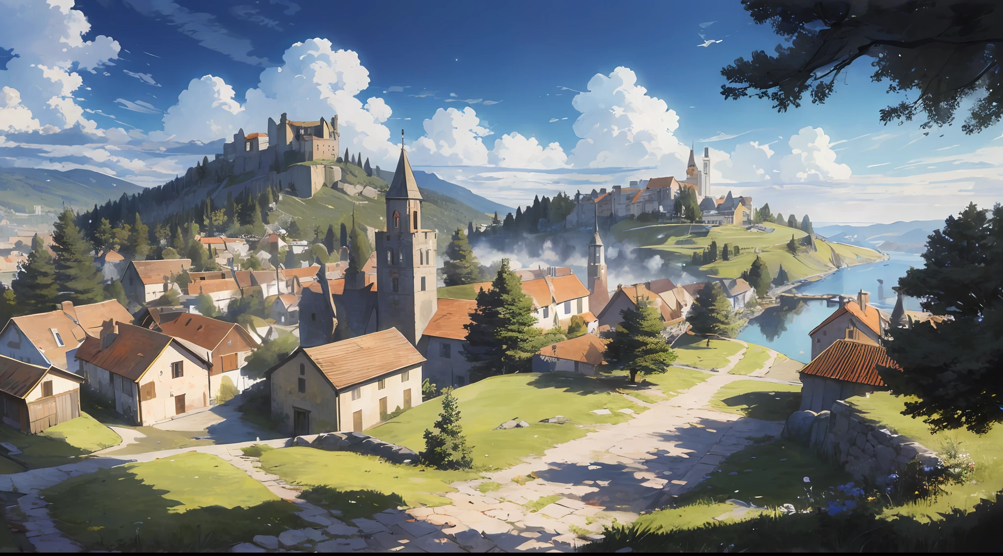 ((masterpiece)),((best quality)),((high detail)),((realistic,)) ((ultra detailed)) landscape of a small medieval town, cartoonist illustration, aeria view, beautiful sky, deformed clouds, 1.3:pine trees, towers.