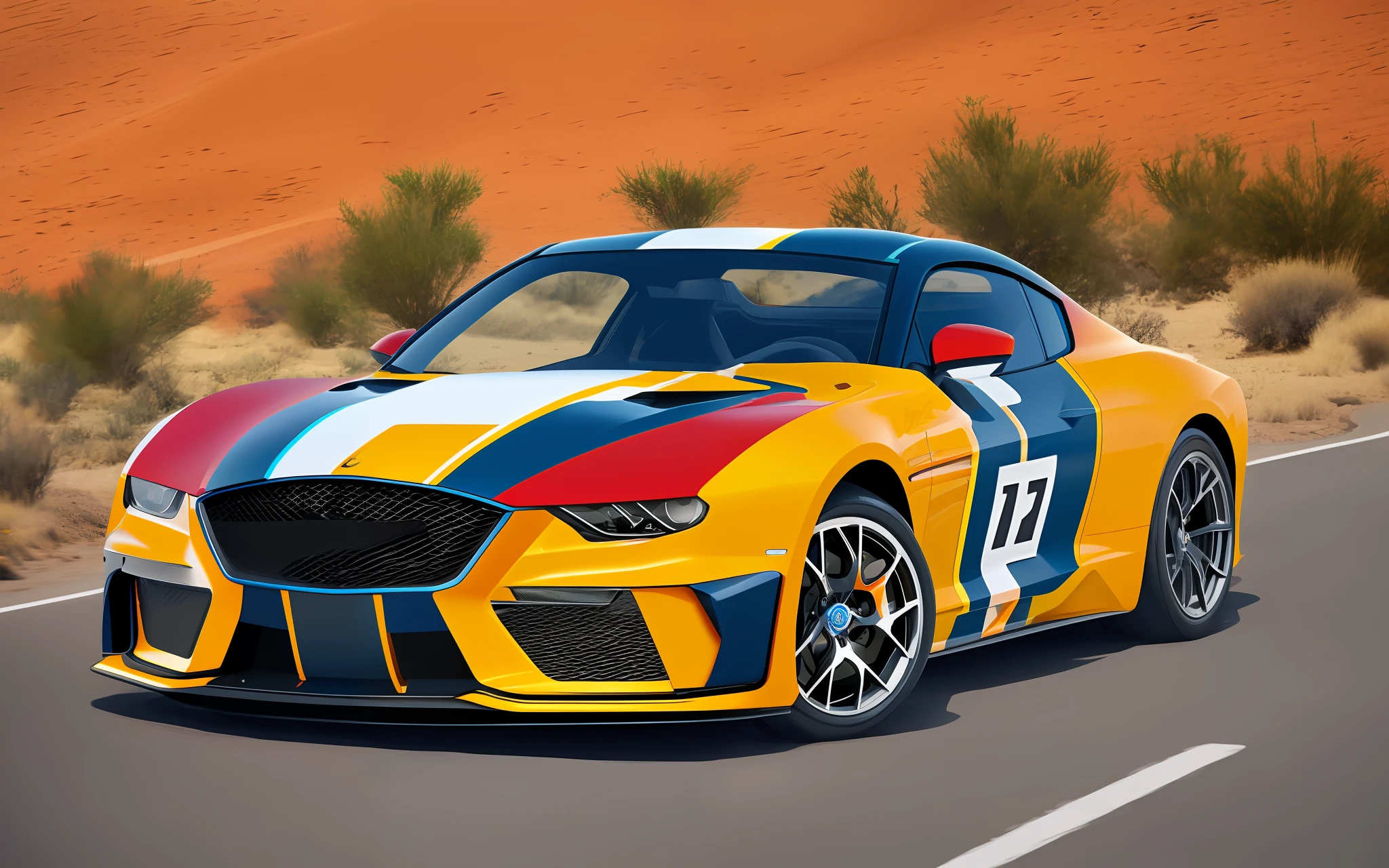 sport car in the desert, vibrant, 8k, em estilo line art, t-shirts, anaglyph --auto --s2