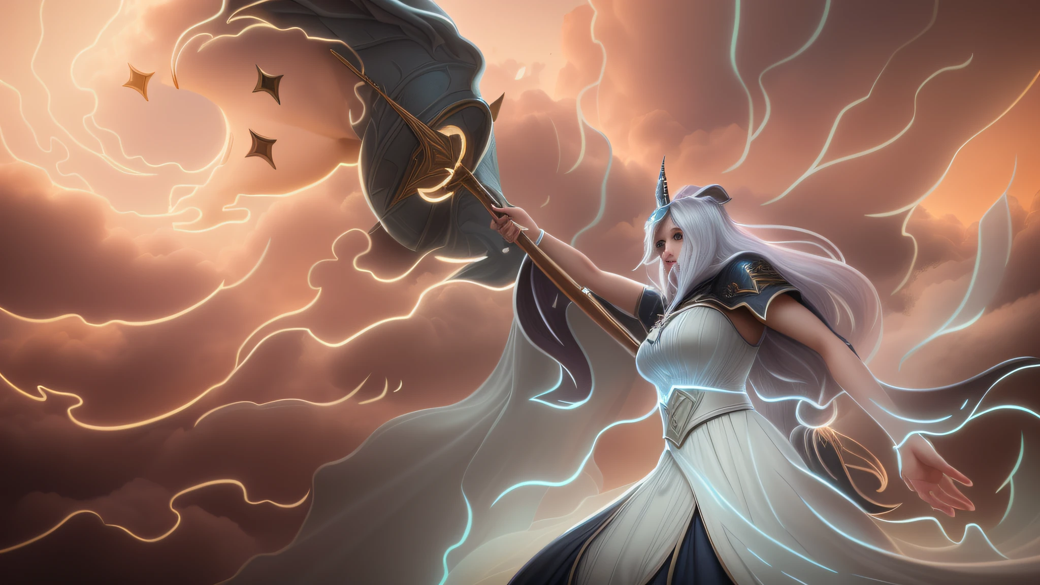 The best quality, stunning graphics. (clothes full of details), (characters with a lot of details), (detailed facial features), (detailed hands and feet), (shocking bursts), (beautiful face), (broken ground) (very detailed CG unity 8k wallpaper), (rich in detail), (wearing jewelry), (best quality), (League of Legends coloring original art), (best quality), (rich layers) (realistic clouds), (extreme three-dimensionality), with the theme of the magician, gathering of thick clouds, glowing staff dust. (Magic Element), (Leaves), (Dust), (Forehead Gives Birth to a Unicorn), (Complex Detail), (Surreal), 3D Hyperrealism, (Super Detailed), Stunning Detail, Cinematic Rendering.