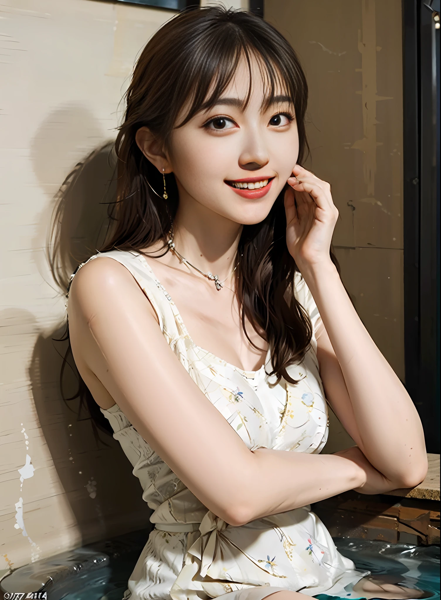 1girl, (Best quality, masterpiece, ultra high res, (photorealistic:1.4),highly detailed,professional lighting smile, pretty girl, beautiful smile), virtual YouTube, detailed skin texture, detailed cloth texture, beautifully detailed face, collarbone, (ULZZANG-6500-V1.1:0.4),in Tokyo, ((A luxurious soak in the hot spring)).Full body view.(Seen nipple head and camel toes)