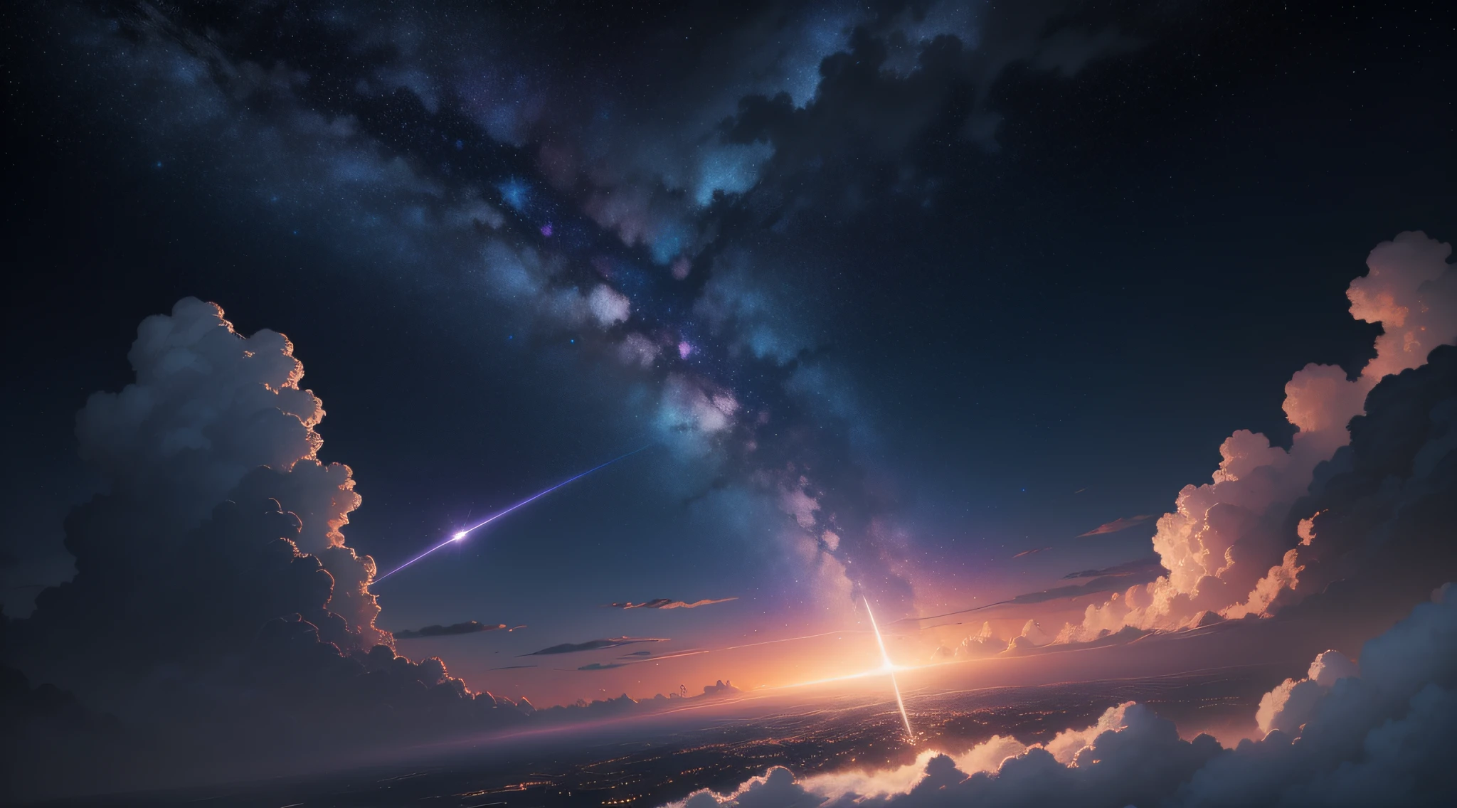 "(starry sky:1.2, realistic clouds), anime style, hyper-realistic, high resolution, night sky landscape, dark colors, view of clouds, many stars, nebulae (8k)".