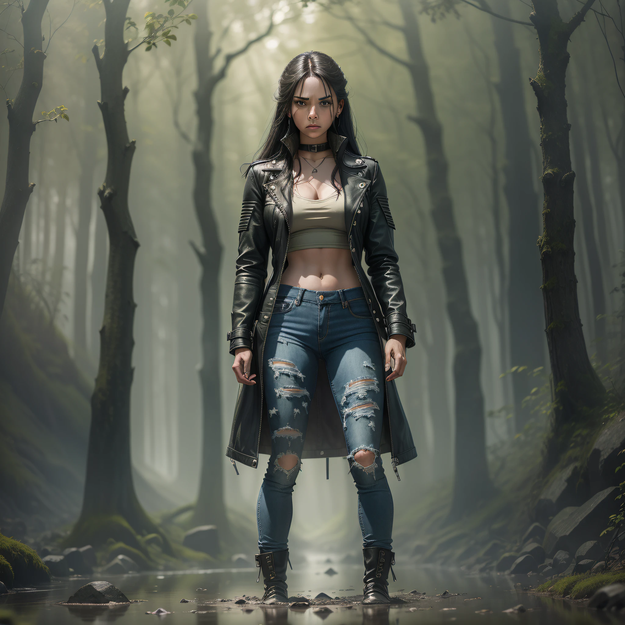 ancient cultist rituals, a woman in sharpened jeans and a leather jacket ( = clothes) offered as a sacrifice to the swamp, emotionally intense shot, foggy light (= light design), quicksand moss, gloomy and insatiable nature ( = general tone)