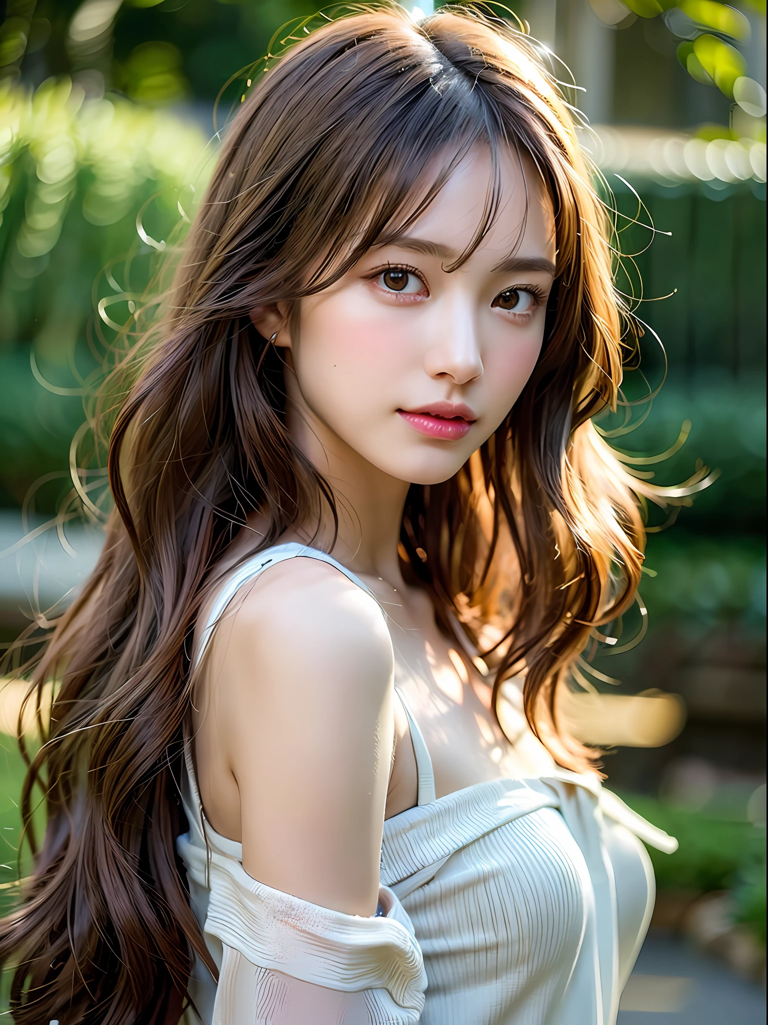 depth of field, lifelike, realistic, super detailed, beautiful, slender, cute, 30s, beautiful features, actress, mature, upper body, bright brown hair, thin hair, small face, live-action, highest quality, very elaborate CG Unity 8K wallpaper, ultra high resolution, natural fashion, lighting, medium hair, (puffy eyes), model figure, light on hair, turn around pose, Ash brown hair, model pose, studio shoot, white background, delicate skin type, light wavy hair close to straight hair, hands around the mouth, adult clothes, hair model shoot, hair fluttering in the wind, transparent hair, fine hair fineness, soft hair, fine skin, bright photo, less hair, angle of pull, professional lighting, realistic light, realistic shadow, natural light, soft light, beige hair, Hair length is short hair, hair is honey blond color, eye color is emerald green, skin color is natural beige tone skin tone, natural and light styling and makeup, hair should be wavy to express light movement, makeup should emphasize bright lips and eye-catching mascara, wear a simple and sophisticated style dressBright images that look like they were taken under natural sunlight