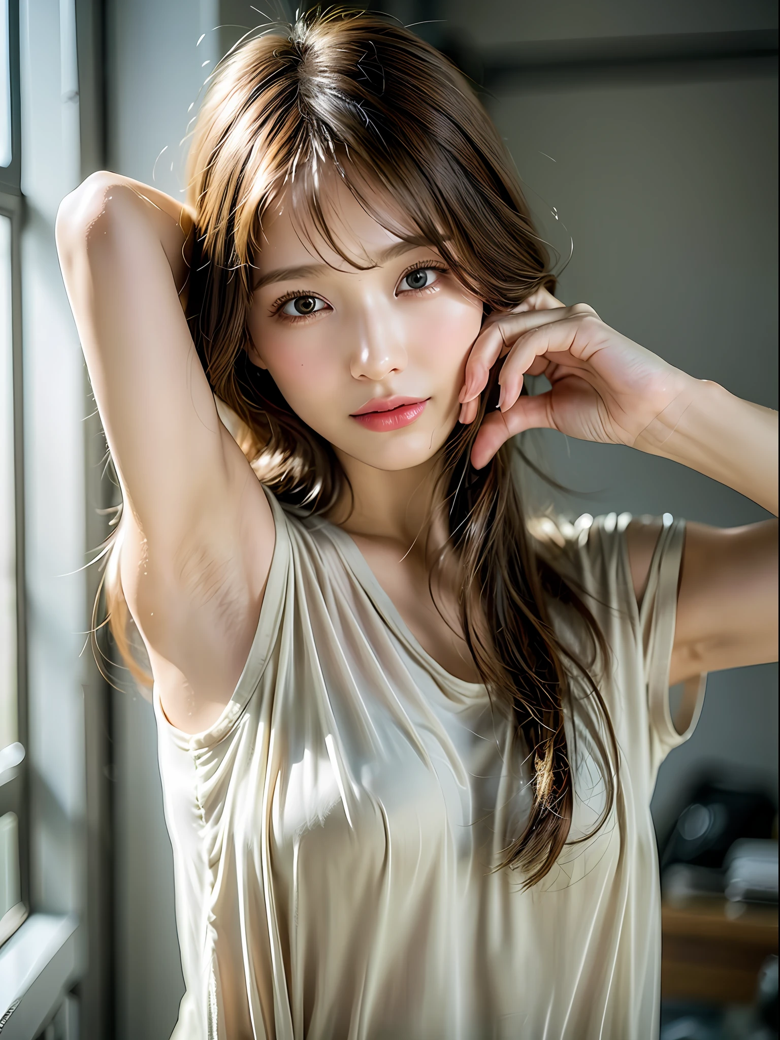 depth of field, lifelike, realistic, super detailed, beautiful, slender, cute, 30s, beautiful features, actress, mature, upper body, bright brown hair, thin hair, small face, live-action, highest quality, very elaborate CG Unity 8K wallpaper, ultra high resolution, natural fashion, lighting, medium hair, (puffy eyes), model figure, light on hair, turn around pose, Ash brown hair, model pose, studio shoot, white background, delicate skin type, light wavy hair close to straight hair, hands around the mouth, adult clothes, hair model shoot, hair fluttering in the wind, transparent hair, fine hair fineness, soft hair, fine skin, bright photo, less hair, angle of pull, professional lighting, realistic light, realistic shadow, natural light, soft light, beige hair, Hair length is short hair, hair is honey blond color, eye color is emerald green, skin color is natural beige tone skin tone, natural and light styling and makeup, hair should be wavy to express light movement, makeup should emphasize bright lips and eye-catching mascara, wear a simple and sophisticated style dressBright images that look like they were taken under natural sunlight