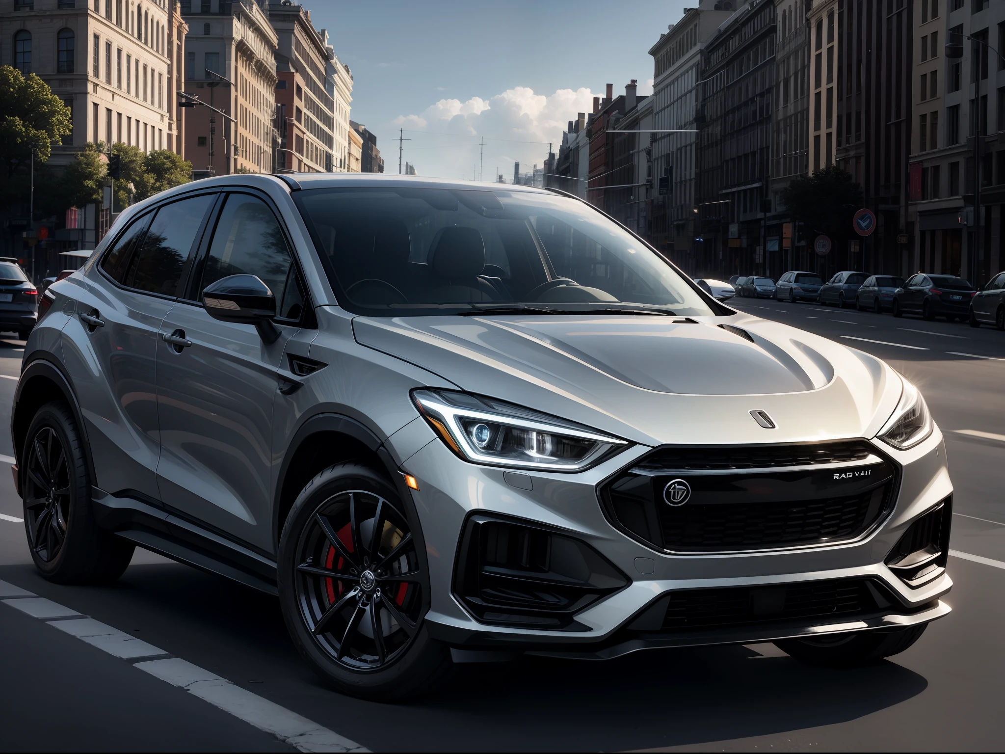 ray tracing, UHD, high quality, high detail, best quality, high resolution, 8k, a cool SUV, surrealism, electric elements, noon, cliff, motion blur, ultra wide angle, Eye-Level Shot.