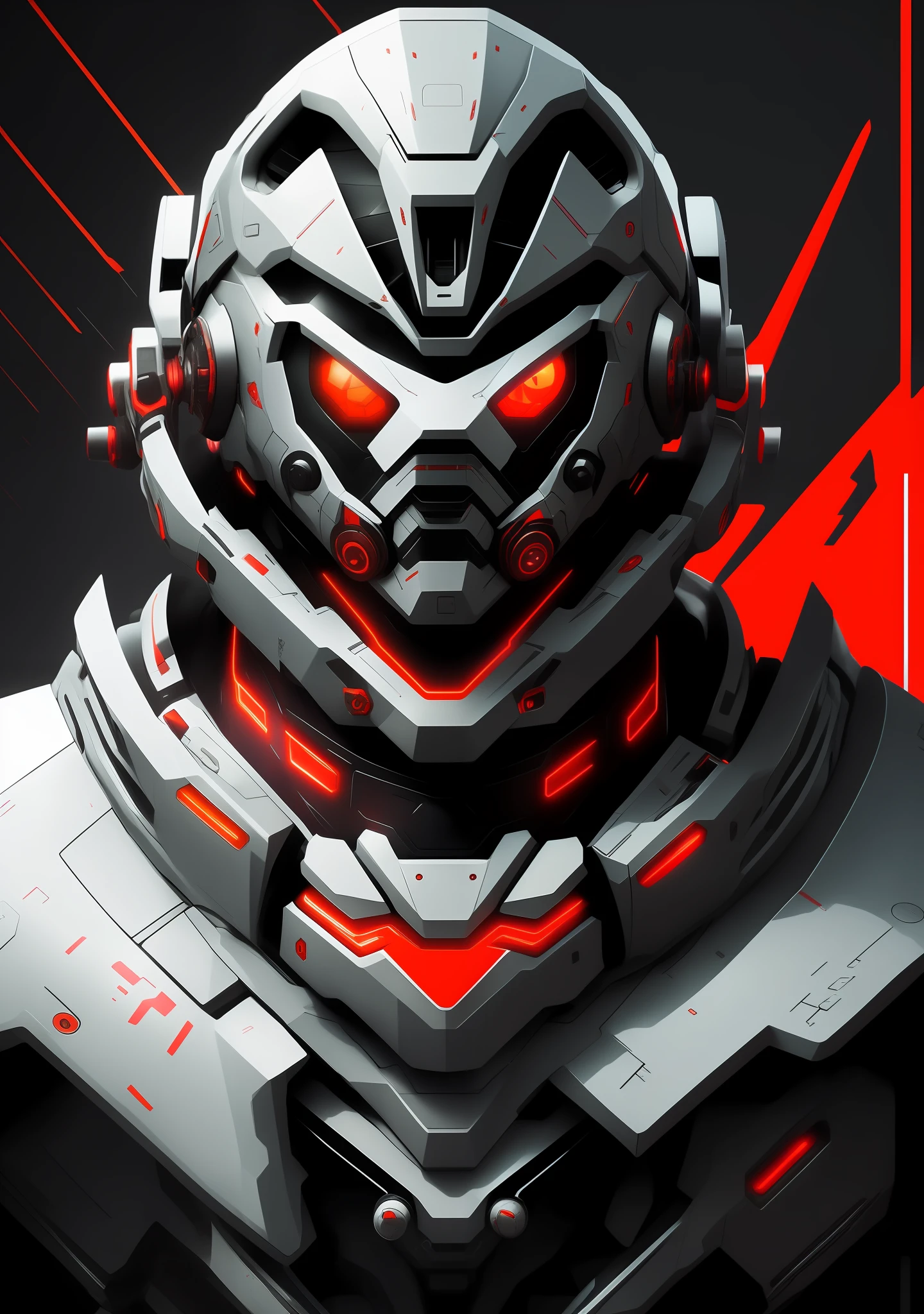 a close up of a futuristic looking robot with red EX eyes, mecha inspired, best anime 4k konachan wallpaper, 4k highly detailed digital art, 4k detailed digital art, anfas portrait of a mech warrior, symmetry!! portrait of cyborg, portrait of a mech, fractal cyborg ninja background, hard surface concept art, cool mecha style