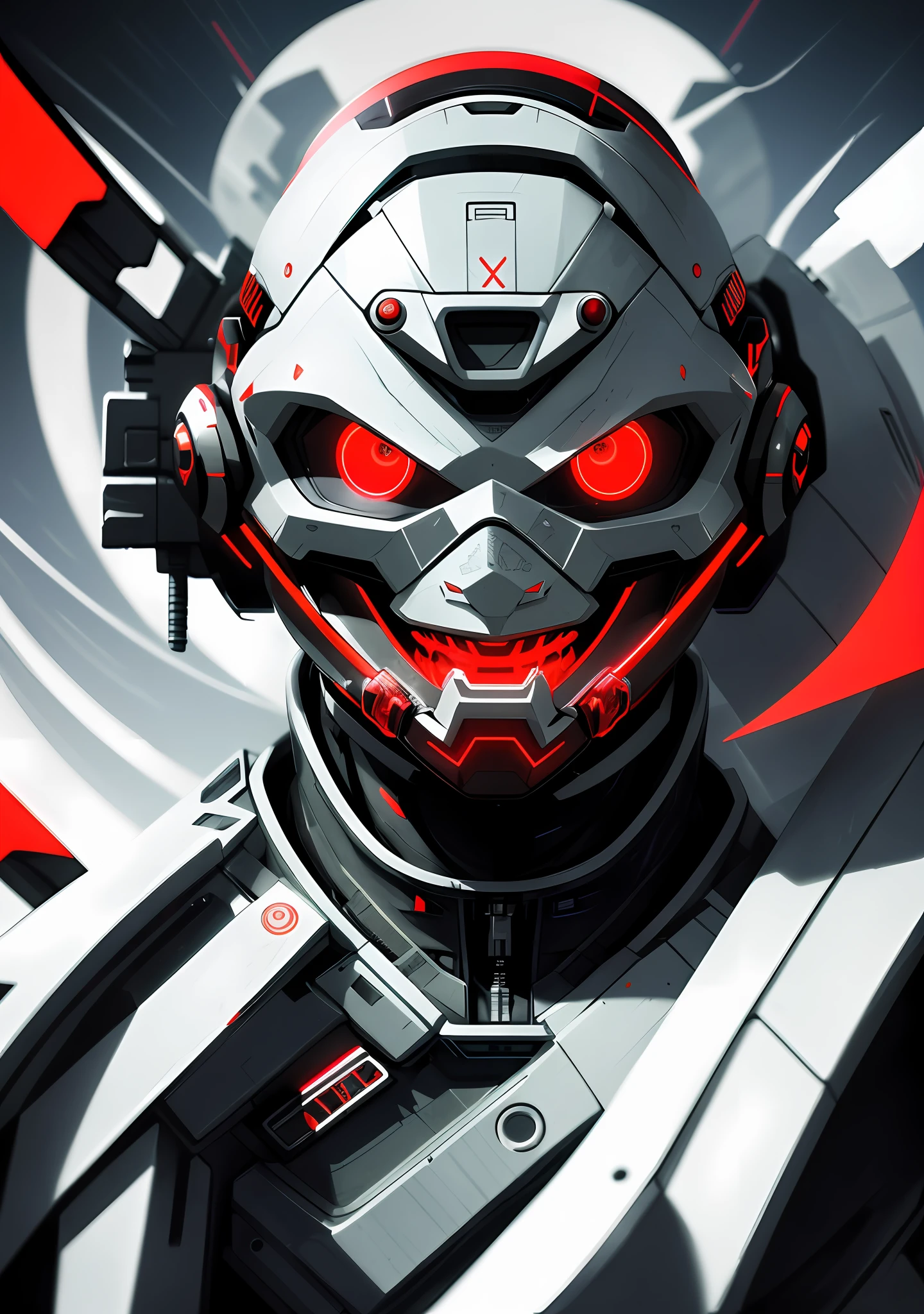 a close up of a robot with red eyes and a futuristic helmet, best anime 4k konachan wallpaper, symmetry!! portrait of cyborg, detailed portrait of a cyborg, close-up portrait of cyborg, portrait of a futuristic robot, 4k highly detailed digital art, cyborg portrait, beautiful robot character design, portrait of cyborg, face of an armored villian