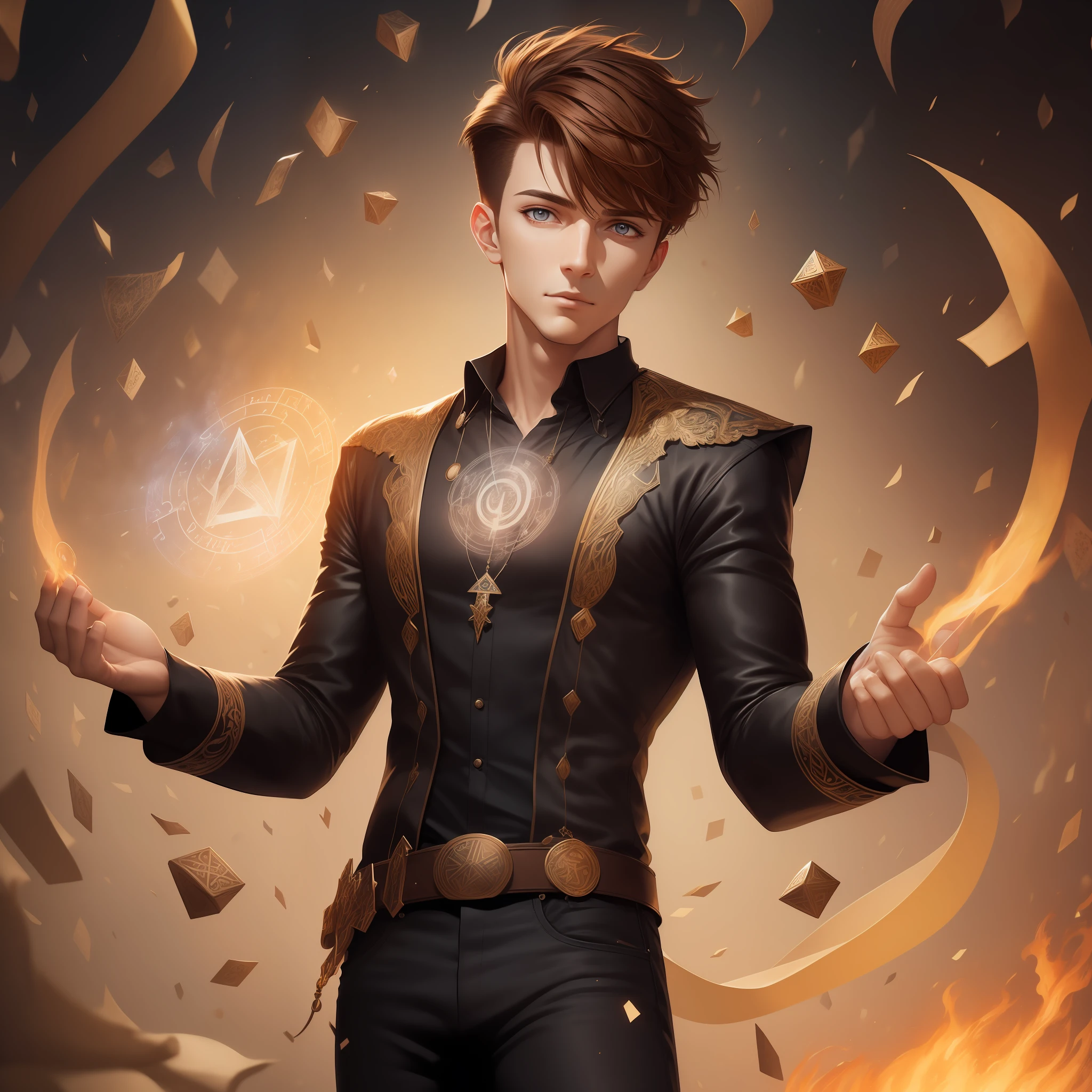 (((masterpiece))) shooting of a model, a twenty-first century magician guy standing in a library and holding fire in the palm of his hand, five fingers, magic runes in space, (((masterpiece))), wallpaper, anime style, manga style, young guy artist ((with short hair on the sides, light brown color , long bangs back)) dressed in a black shirt and jeans creates magic with a drawing bone , magic background, magic runes, high detail, clear light, clear shapes, five fingers, (((Illustrator))) full-length, 75mm lens, ArtStation