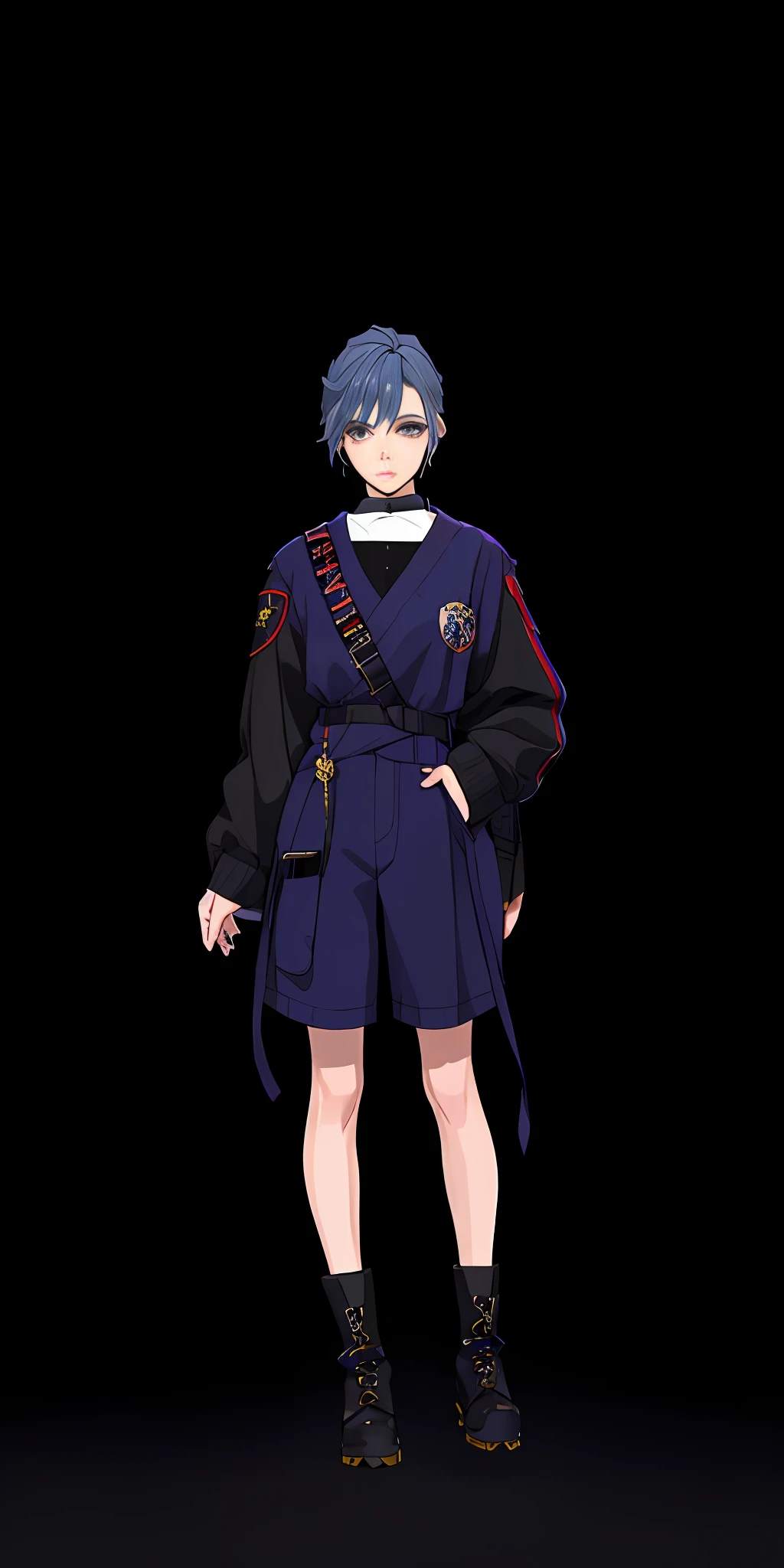 A tomboy has a short blue hair dyed with black shade. She has a cold face. Her eyes are Blue and narrowed. She wear the Octavinelle uniform but wearing shorts replacing the boots.