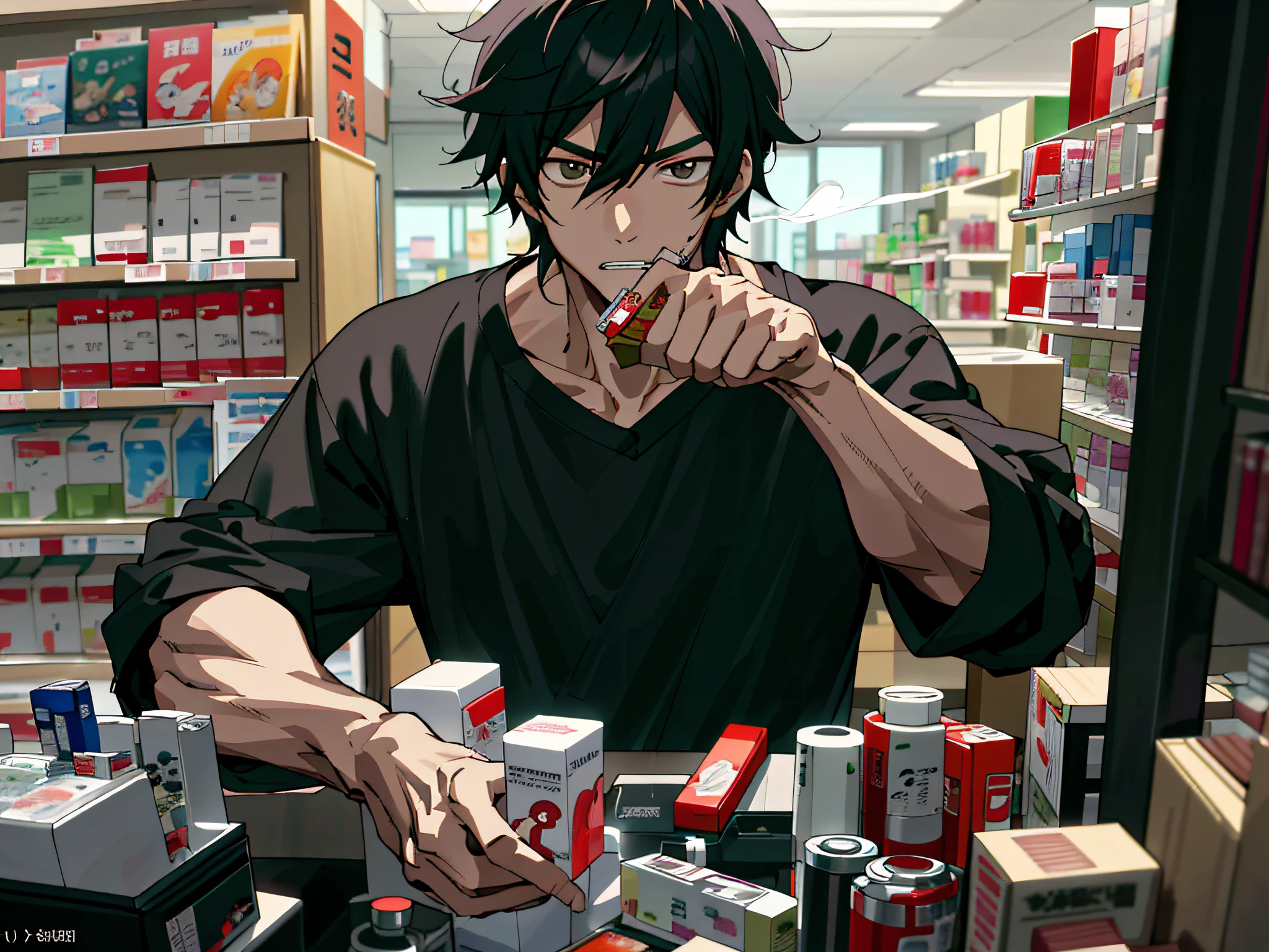 Anime - style image of a man taking medicine in a pharmacy, badass anime 8 K, clean detailed anime art, Minamoto Igari smoking joints, detailed digital anime art, anime art wallpaper 4 K, anime art wallpaper 4K, anime art wallpaper 8 K, 4 K manga wallpaper, 4K anime wallpaper, anime style 4 k