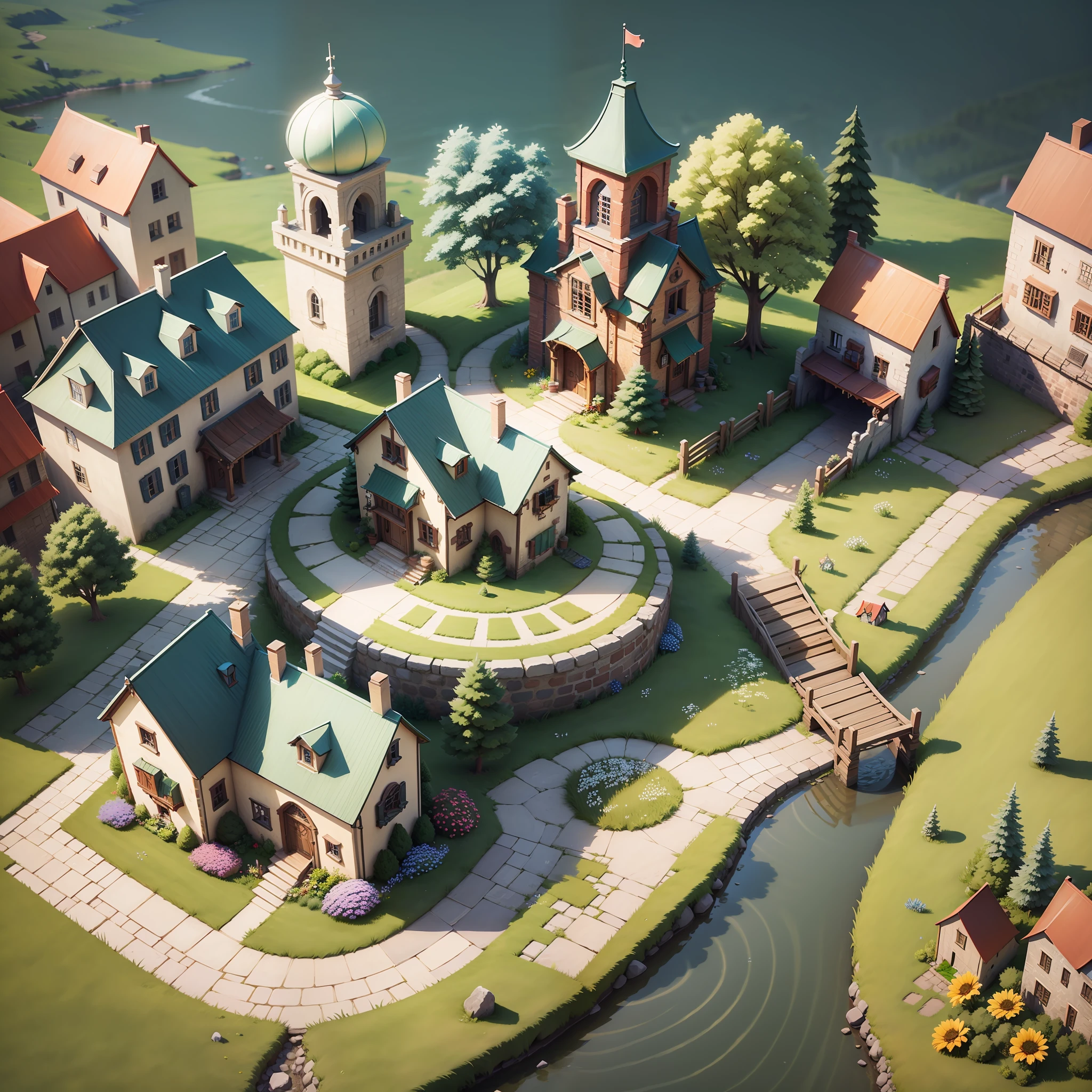 game architectural design, cartoon, town, stone, brick, meadow, river, flowers, on a cliff, casual game style, 3d, blender, masterpiece, super detail, best quality --auto --s2