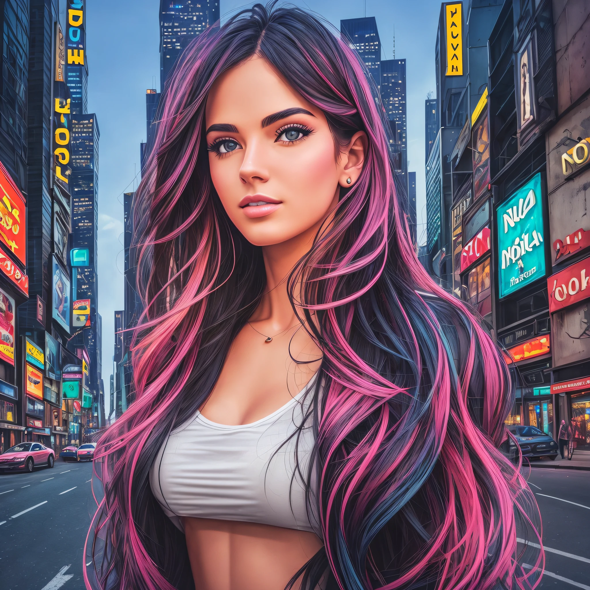 "Create an image that depicts a human face in an urban environment. The face should be detailed and realistic, with shadows and lights that give depth and texture to the skin. The urban environment should be well portrayed, with tall buildings and neon lights creating a big city atmosphere. The character must be wearing a modern and cool outfit, with accessories that complement the look. Use references from photos of real people and the urban environment to create a more realistic image." --auto --s2