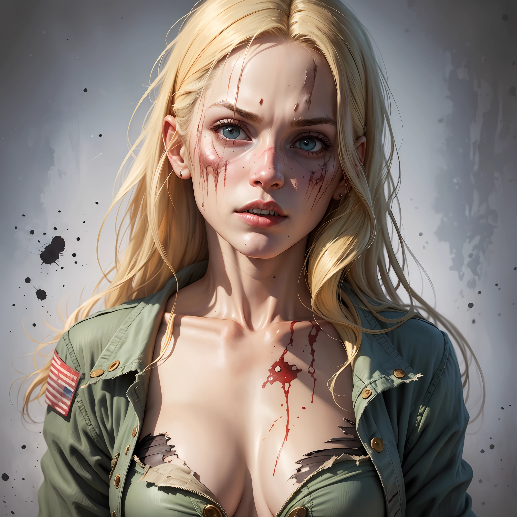 Top quality, best quality, real photo, woman with real skin, realistic, real woman, real woman, american, blonde hair, dirty blood, torn clothes, zombie. --auto --s2