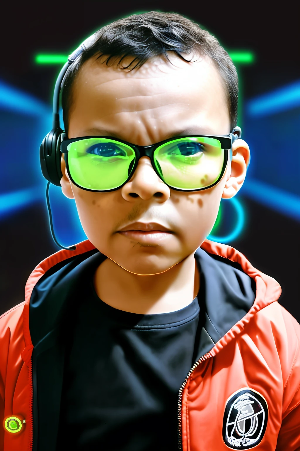 guttonerdvision4, portrait of A 3-year-old boy wearing glasses, Detailed face and skin, (using headset with microphone), face facing the camera, ((futuristic style background with neon and character-like details from The Matrix)). realistic illustration drawn by Alex Ross, detailed and with depth of field to give more realism