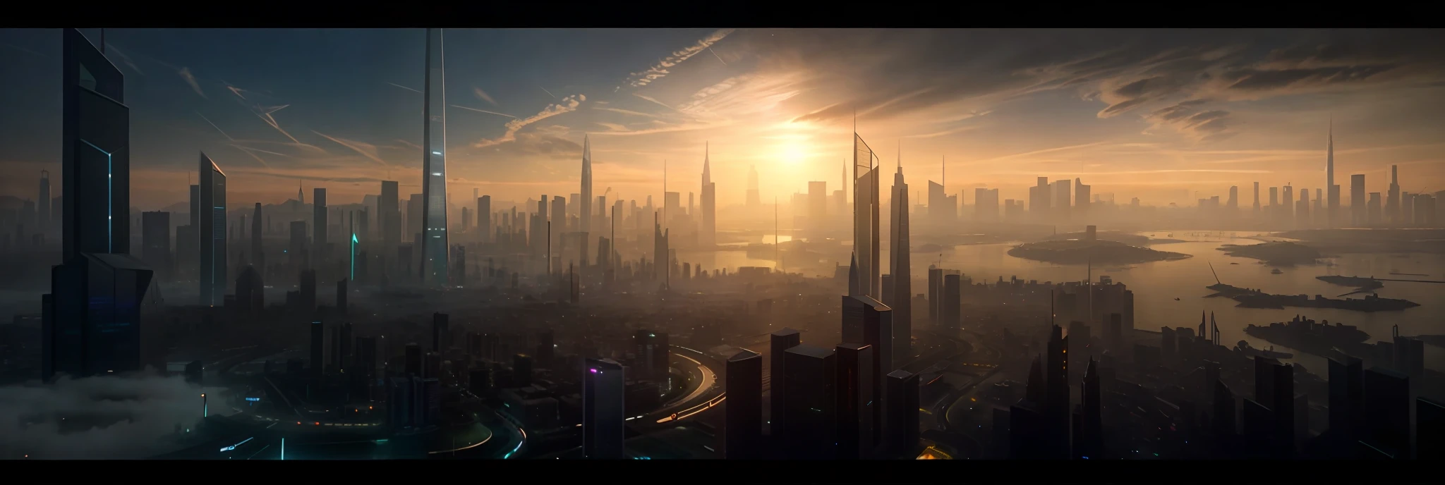 futuristic city with skyscrapers and a river in the foreground, cinematic scifi shot, epic cinematic matte painting, cinematic matte painting, 8 k matte painting, 8k matte painting, matte painting 4k 8k, luminescent matte painting, science fiction matte painting, 4 k matte painting, science - fiction matte painting, matte painting v ray