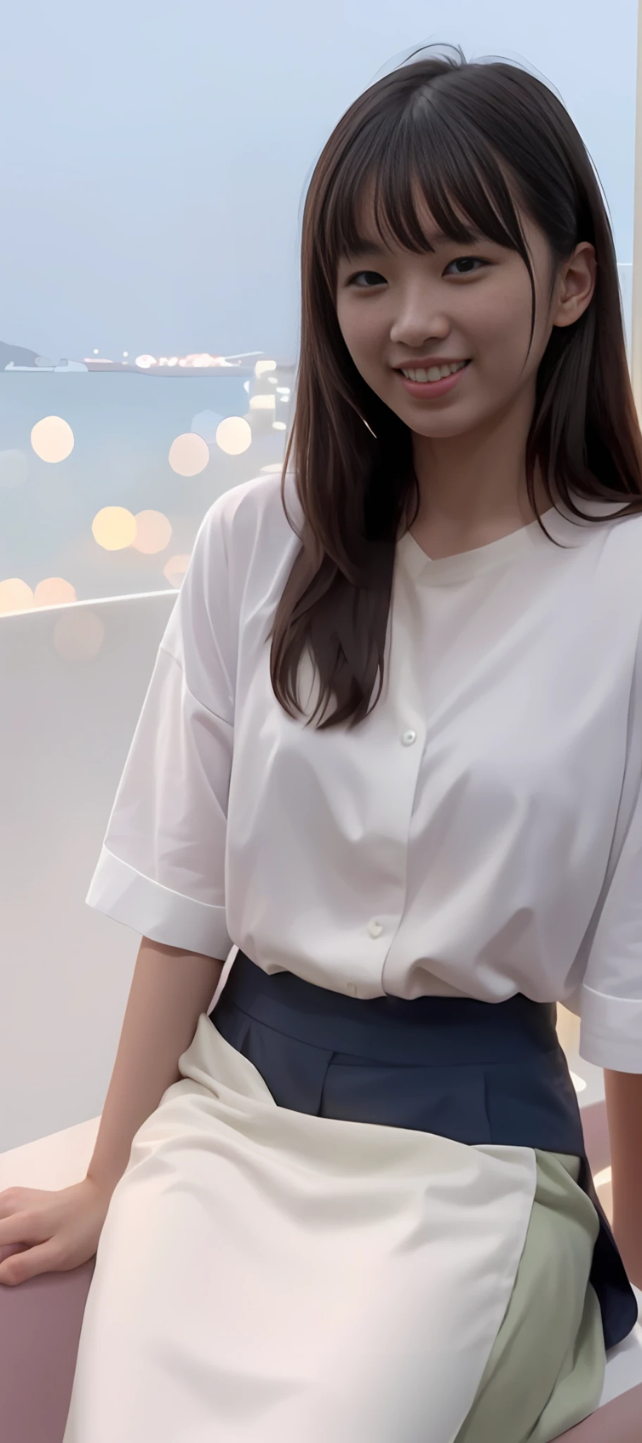 (skin blemish:1.2), (skindentation), black eye, 1woman, 18yo, (((woman))), solo, realistic, best quality, photorealistic, masterpiece, 8k, high res, solo, extremely detailed face, (professional lighting, bokeh), (light particles, lens flare, glowing particles:0.6), (dynamic pose:1.2), soft lighting, top angle view, fashionable and trendy atmosphere, restaurant, harbour, ((evening time)), sky, ((looking at the viewer:1)), (looking at the camera),(portrait:0.6), sitting and drinking a cocktail, gorgeous, keep original facial proportion, full body, (small breast), (long hair), black hair, floating hair, lips, lipstick, seductive smile, floating hair, smile, open_mouth, teeth, (white shirts), (navy skirt), eyelashes, mole, (mole under eye:1),