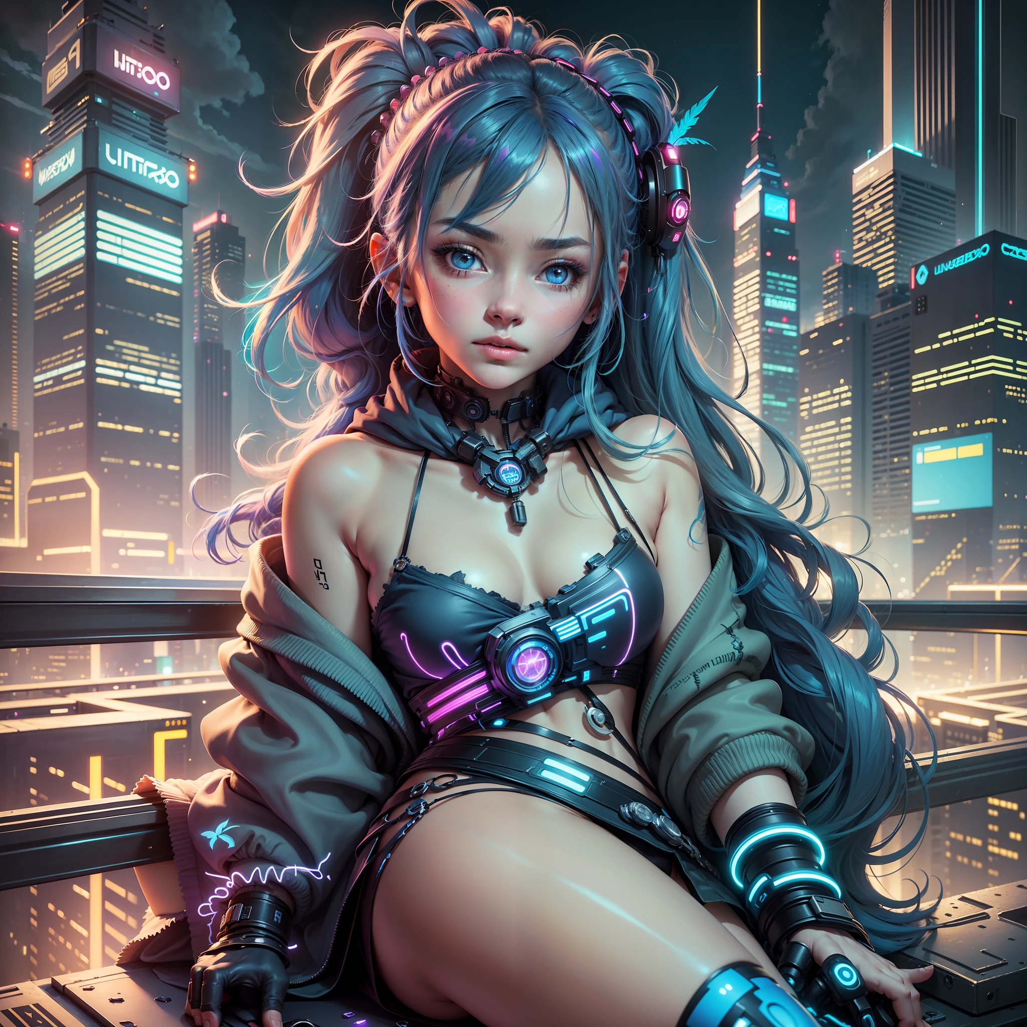 (Masterpiece), Best Quality, Ultra High Resolution, , 1girl, Hoodie, Blue Hair, Very Long Hair, Bare Shoulder, Feather Hair Accessories, Neon Twinkle, Cyberpunk, Stunning City View, Stunning Night Sky, Perfect Lighting, Realism, Realistic Skin --auto --s2